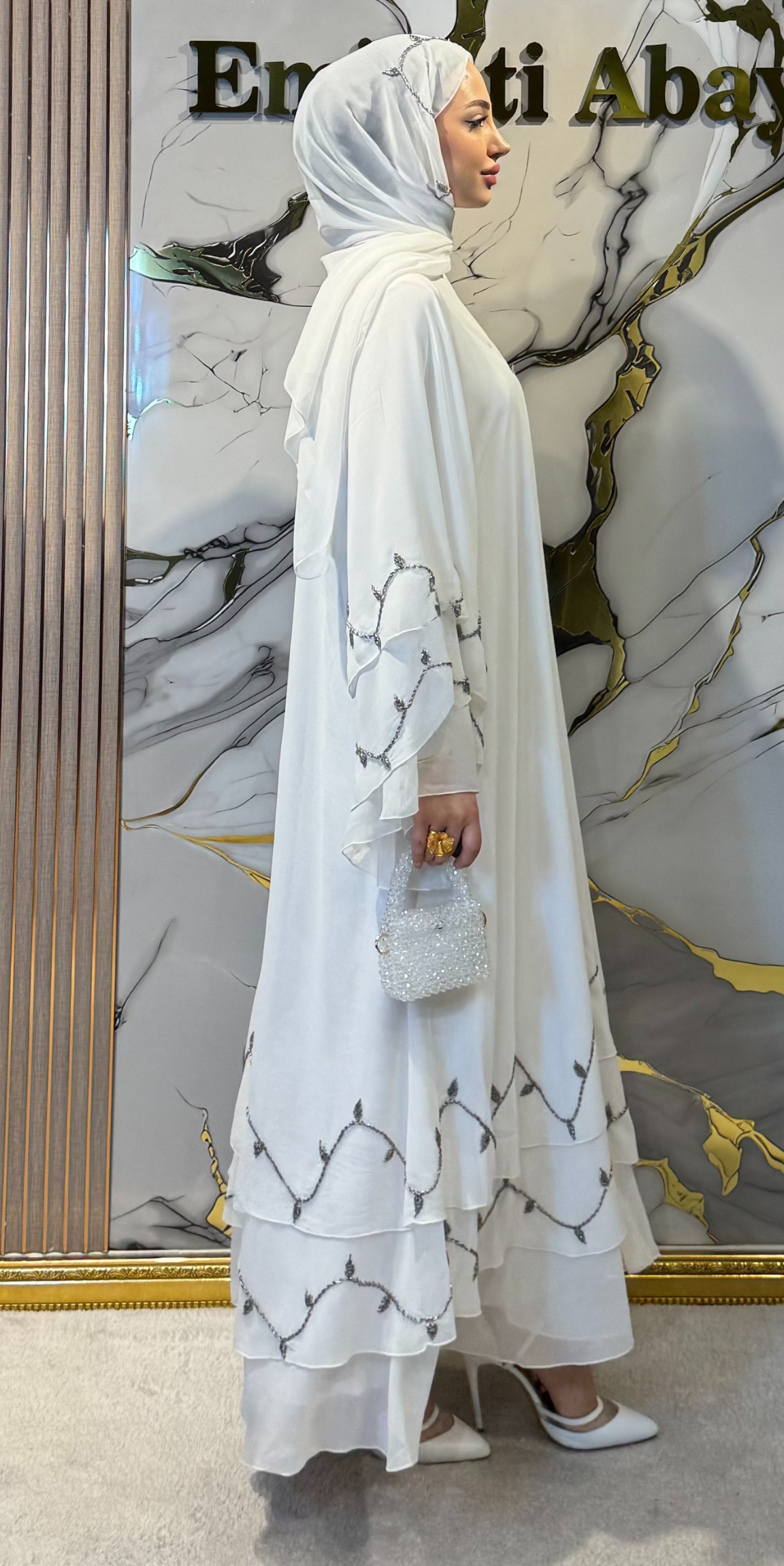Hematit Taşlı 3 Katlı Beyaz Şifon Abaya – Şallı Takım | M1 HS WHITE