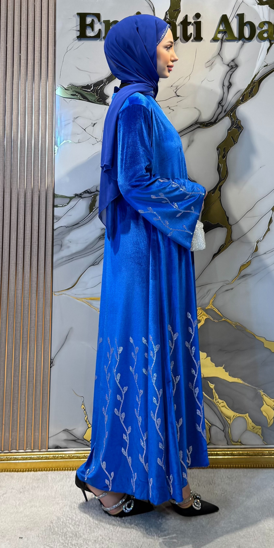 Etek Uçları Swarovski Dallı Mavi Kadife Abaya - Çıtçıtlı Zarif Model TM060 VWSM