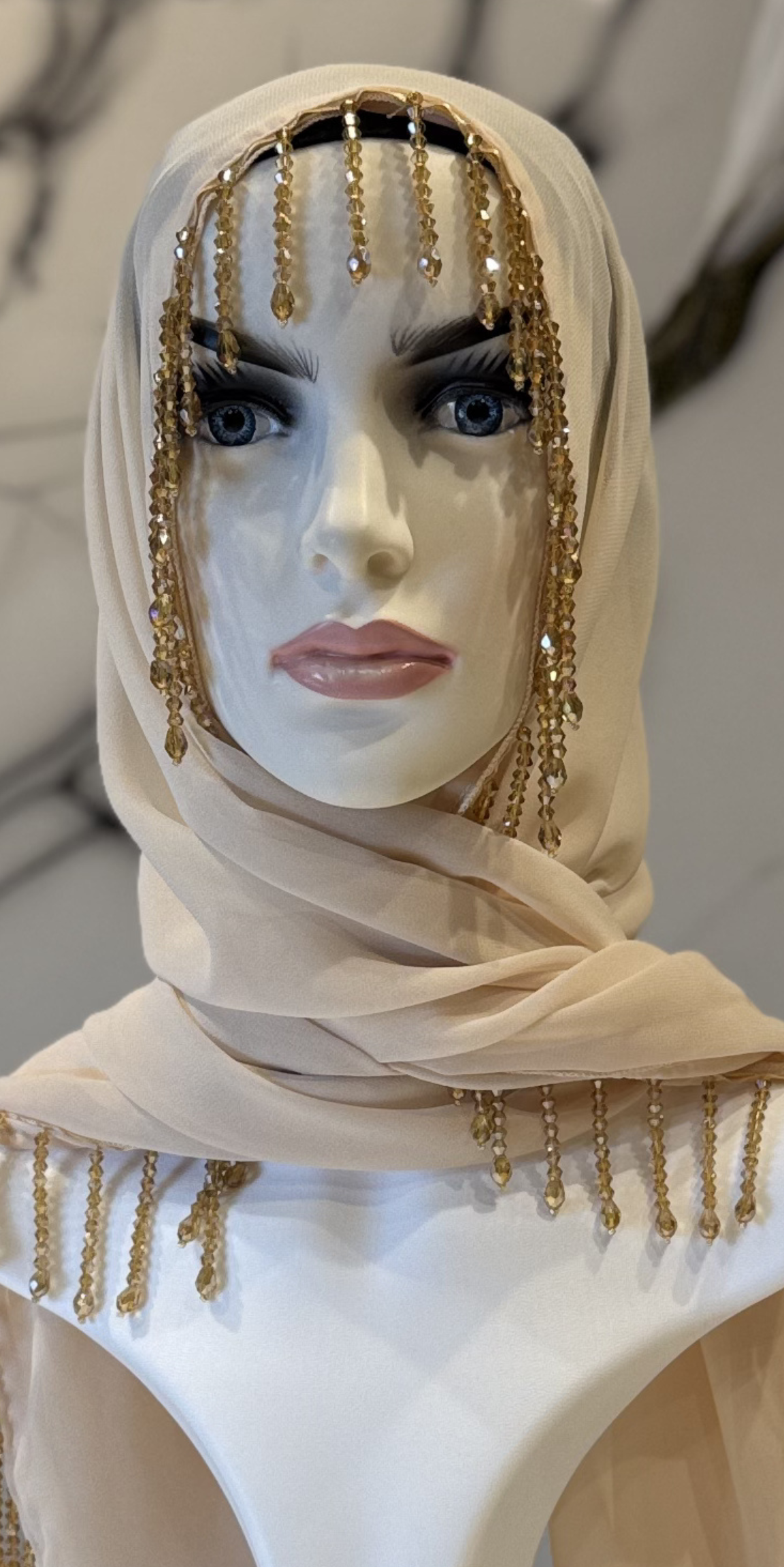 Cream Chiffon Scarf with Tassels and Gold Stones, Face Frame with Tassel Detail | SAL18 GSKREM