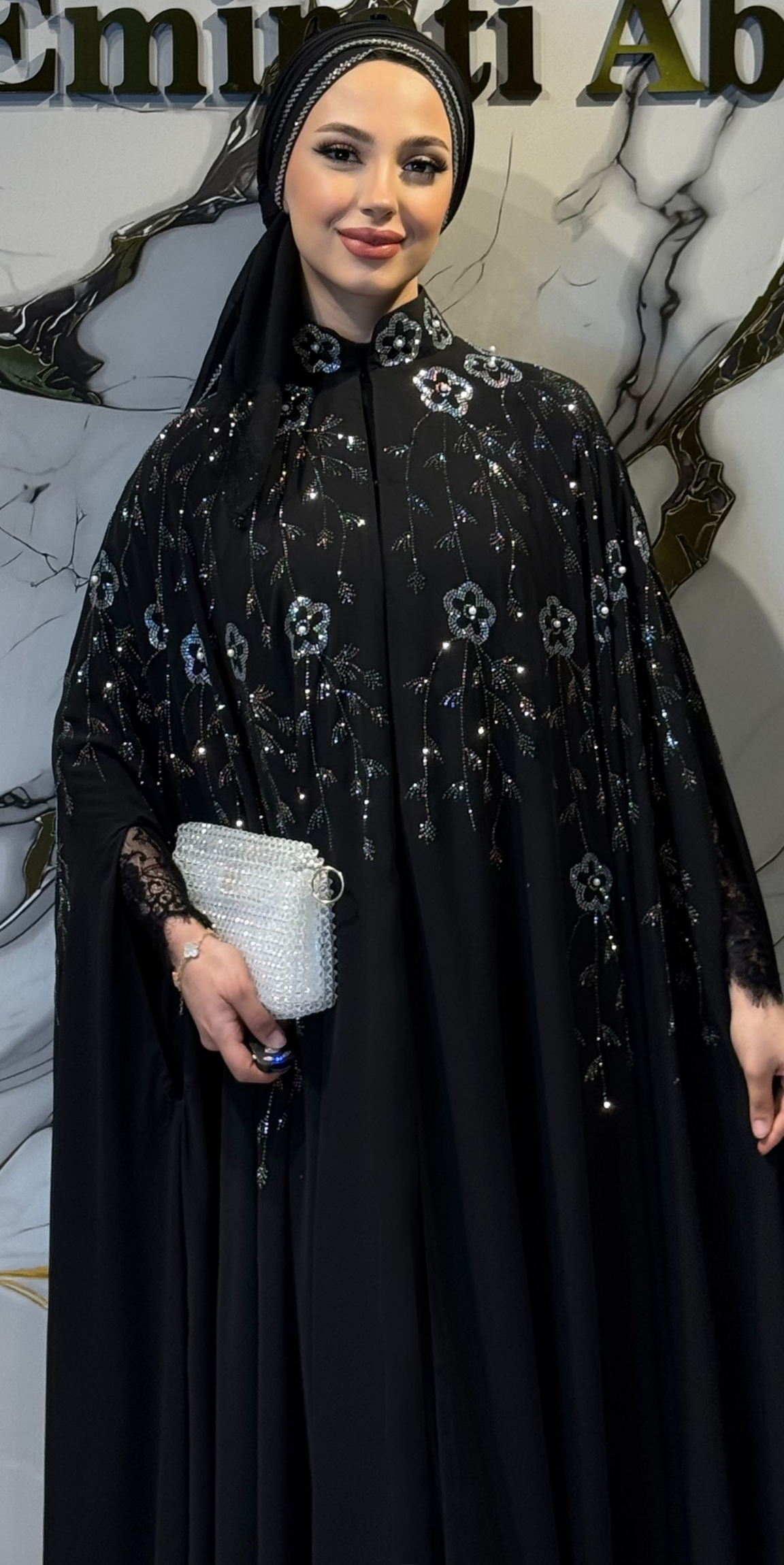 Black Korean Chiffon Abaya LY44 WSB with Hematite and Swarovski Crystals - 3-Piece Luxury Set (Includes Shawl and Undershirt)