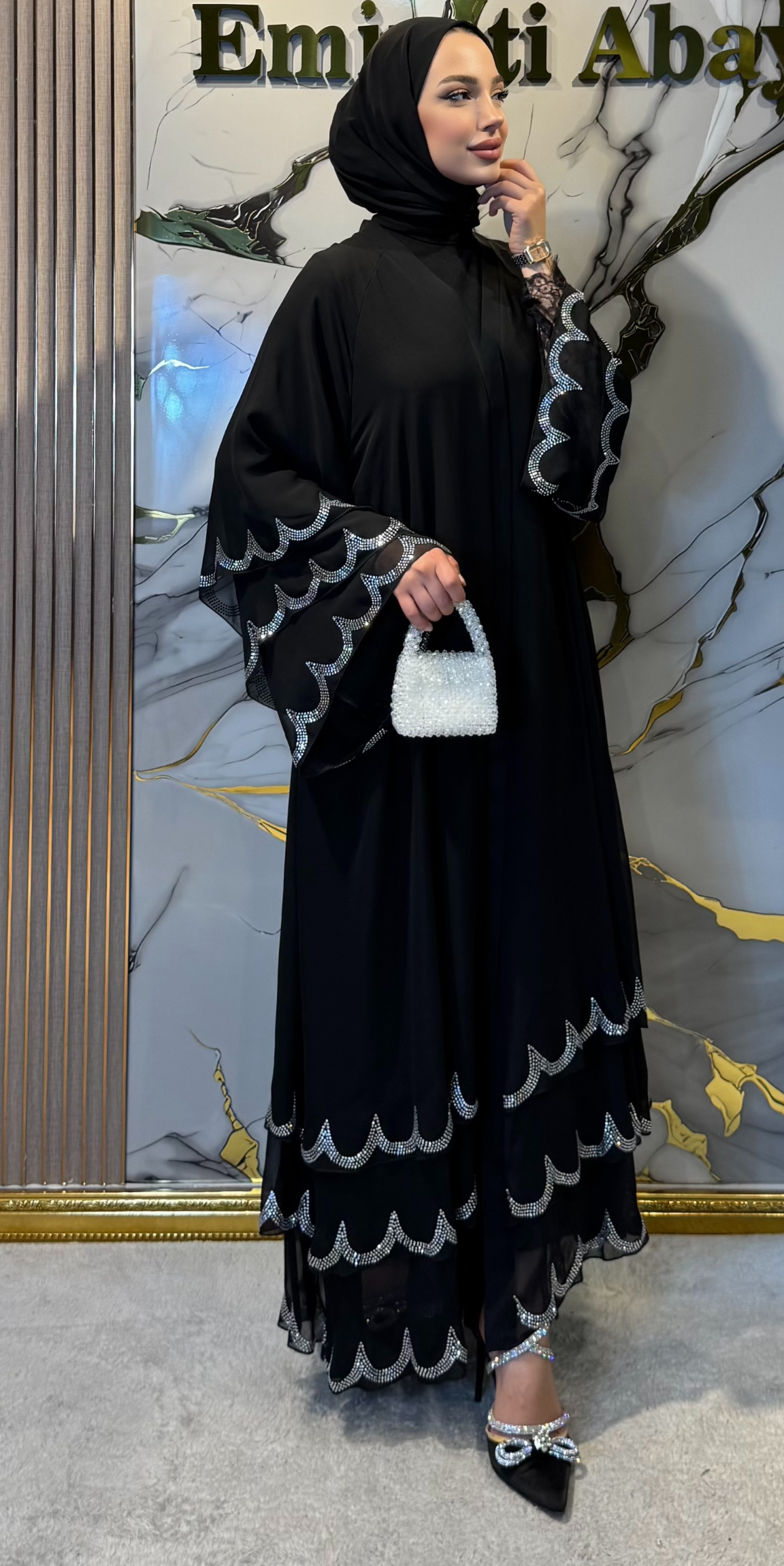 Black Abaya TM23 WSB with Swarovski Crystals on the Hem - Elegant Model Including Shawl