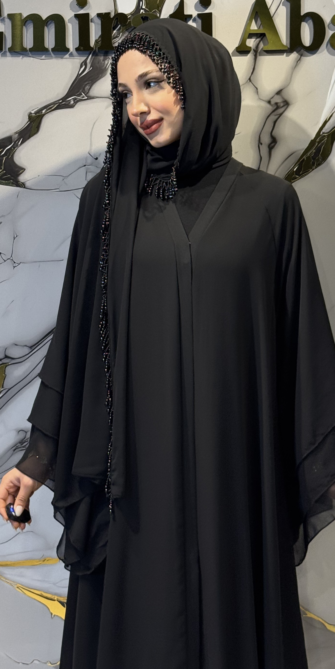 Black Chiffon Scarf with Tassel and Pearl Details, 180x75cm - Elegant Scattered Design