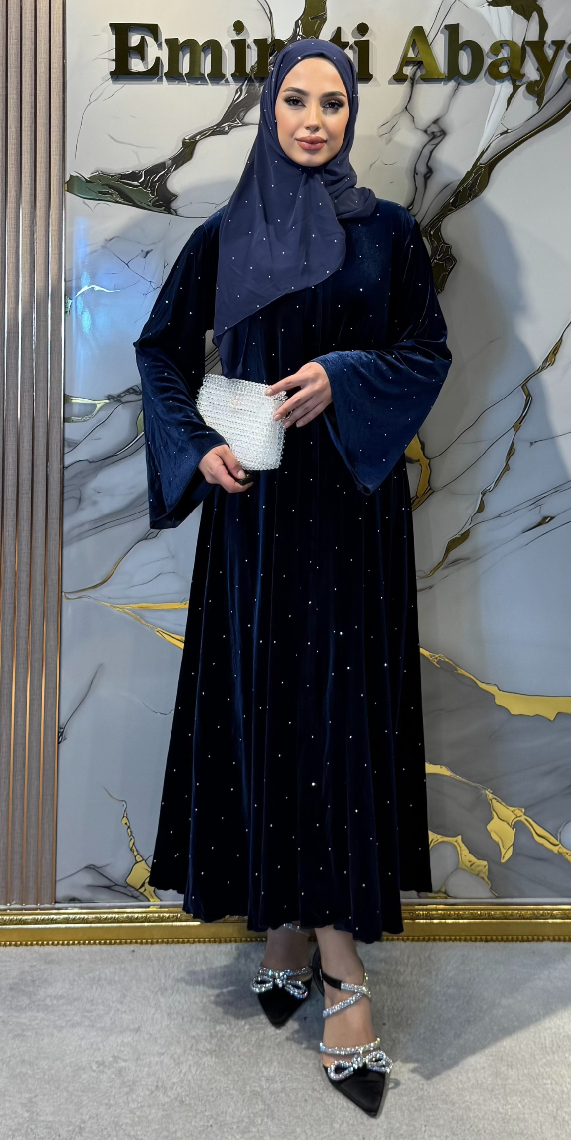 Navy Blue Velvet Shimmering Embellished Abaya TM063 VJSM