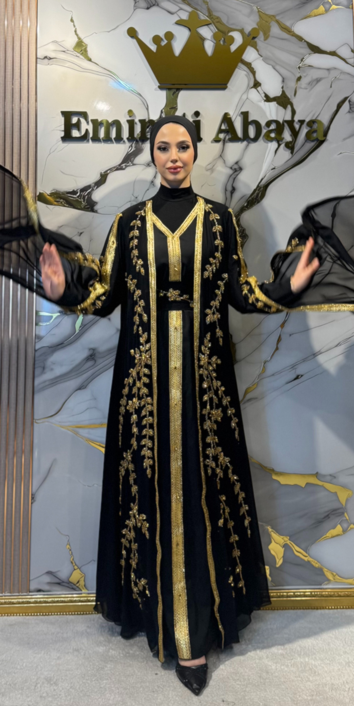 El İşlemeli Gold Yaprak Detaylı Uzun Kollu Abaya Takımı 4 Parça Set EF001 GSB
