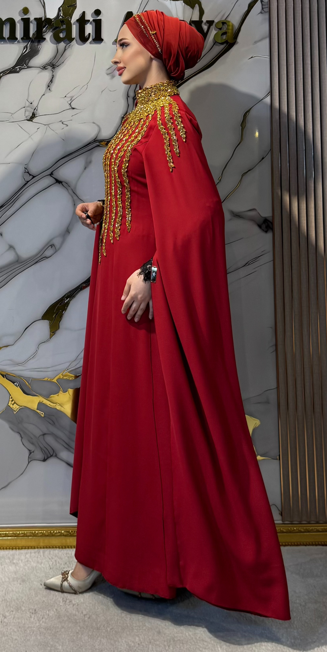 El Yapımı Gold Taşlı Bordo Dubai Kumaş Abaya | Ef0019 GSDBordo