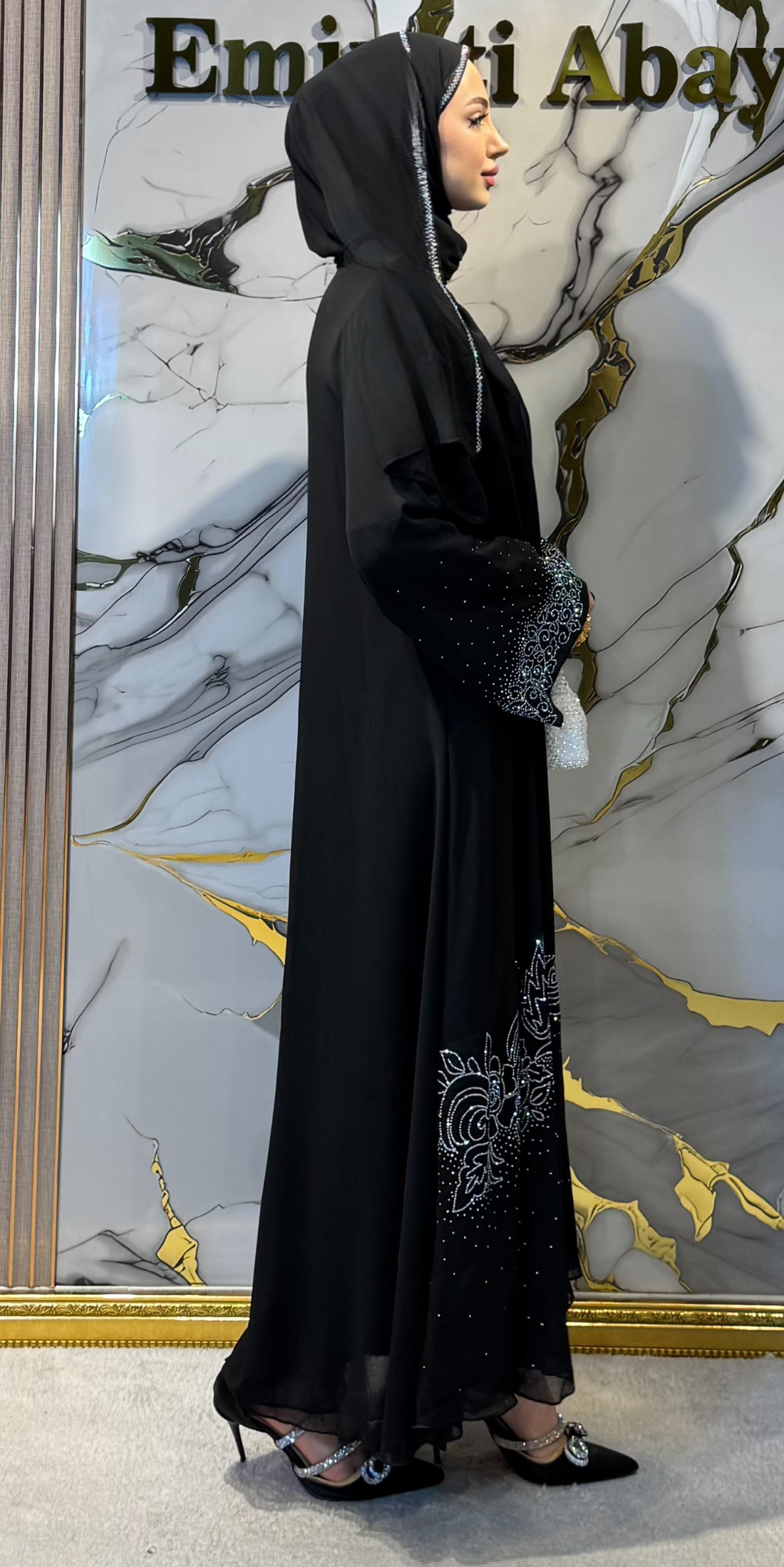 Işıltılı Vals Desenli Şifon Taşlı Abaya