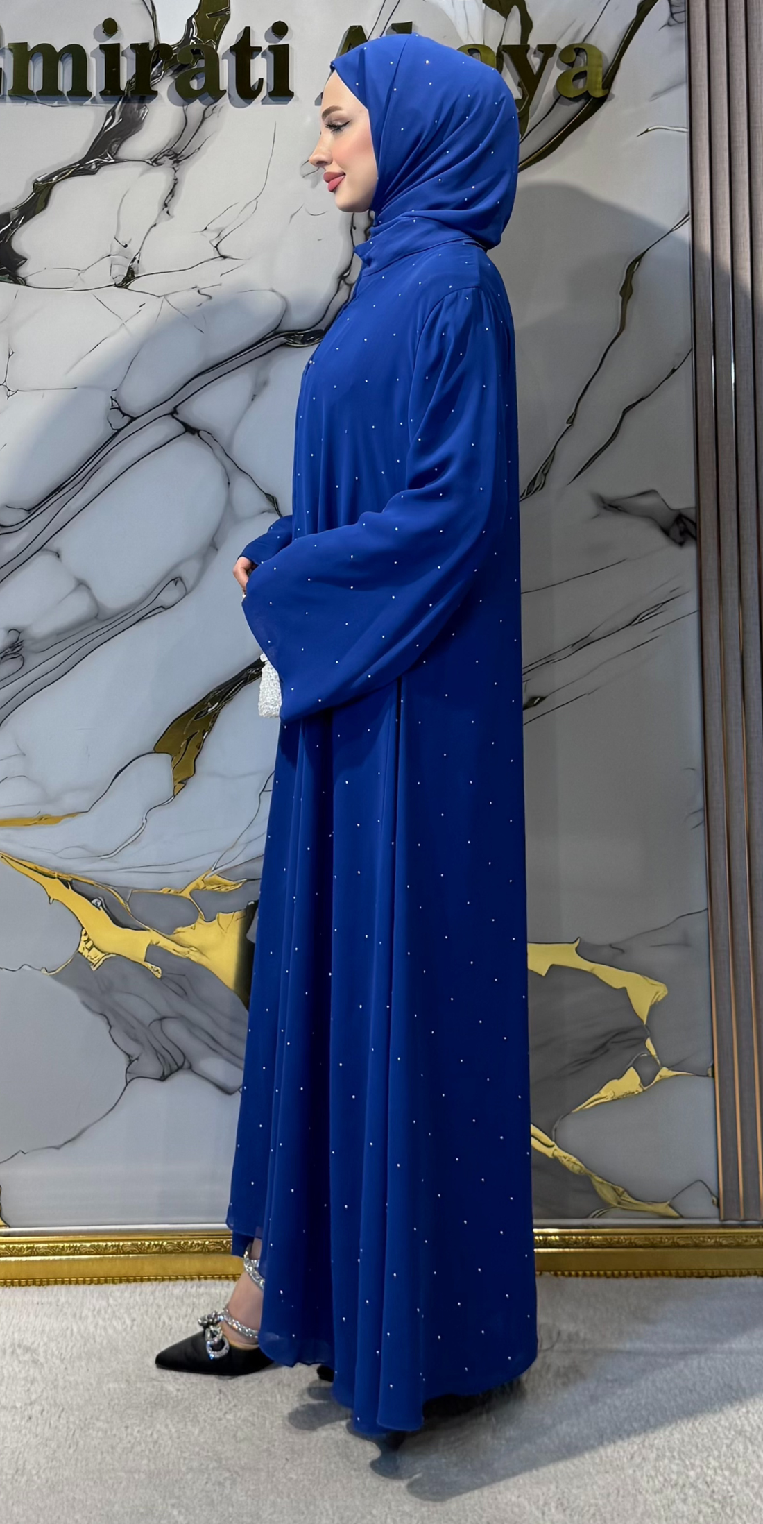 Swarovski Taşlı Şifon Abaya - Kraliyet Mavisi Çıtçıtlı Lüks Model TM063 WSSM
