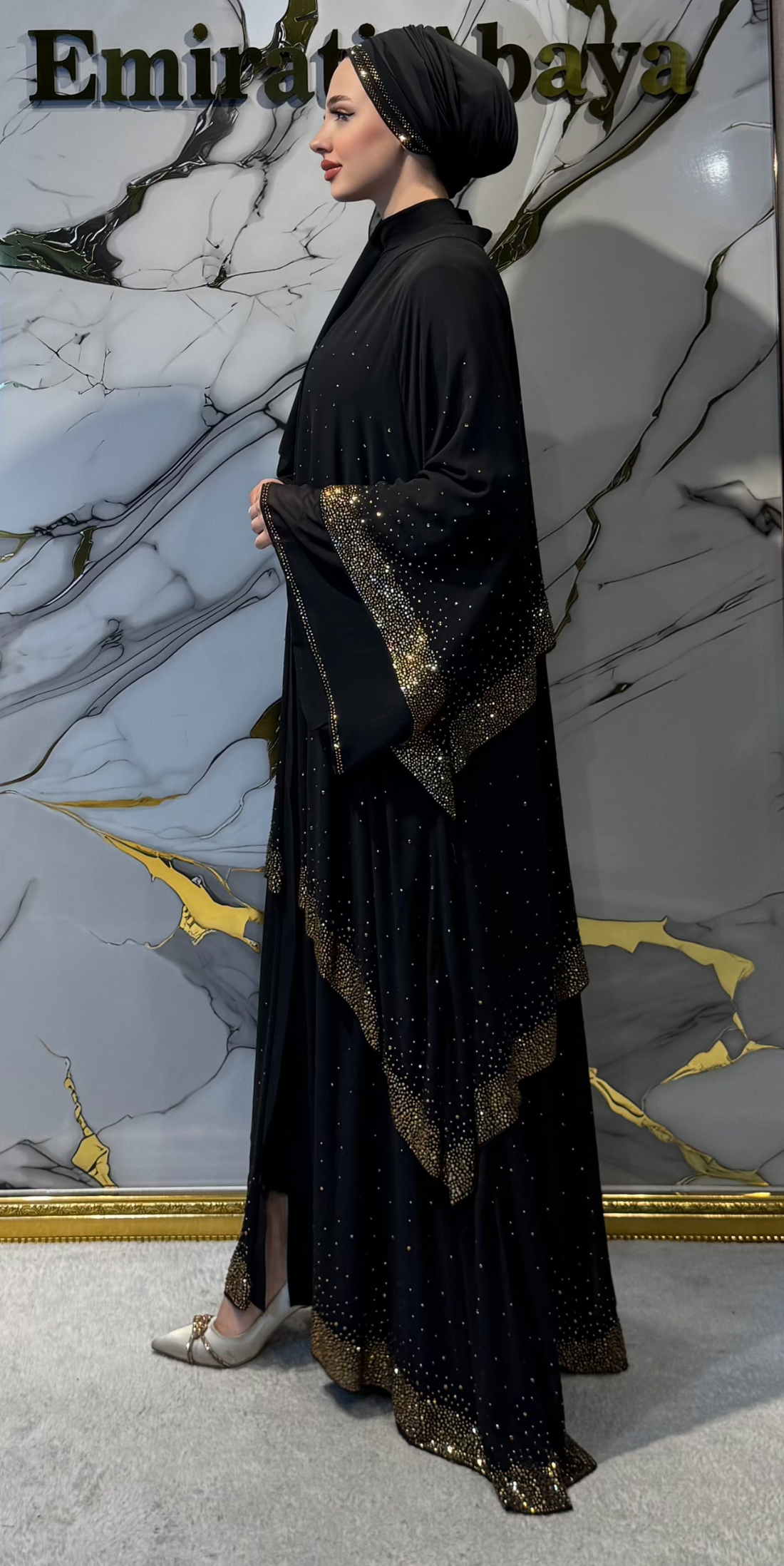 Gold Taşlı Katmanlı Siyah Şık Abaya TM34 GSB