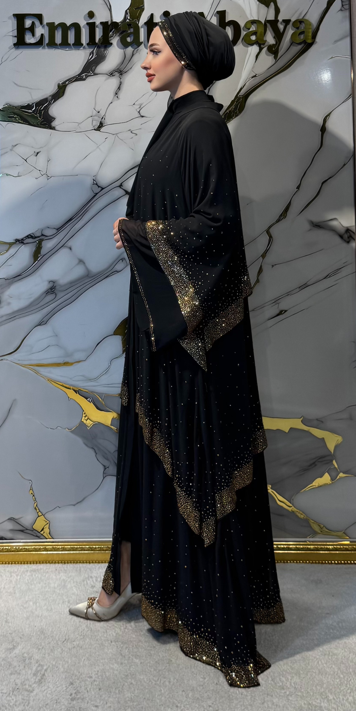 Gold Taşlı Katmanlı Siyah Şık Abaya TM34 GSB