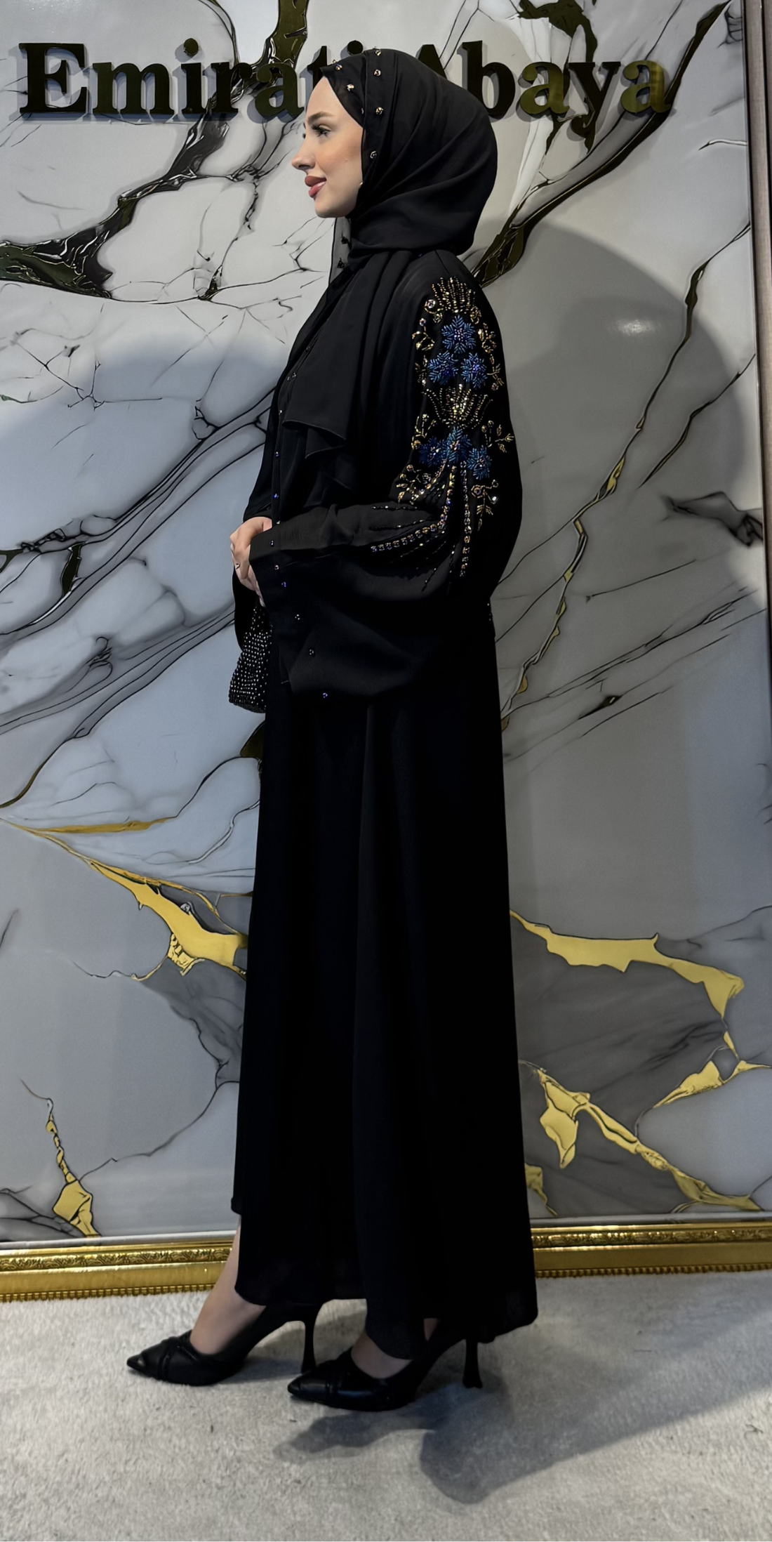 Shoulder-Mounted Handcrafted Blue-Gold Embellished Black Summer Abaya M37 BLUE SB - Elegant Snap Button Closure Model