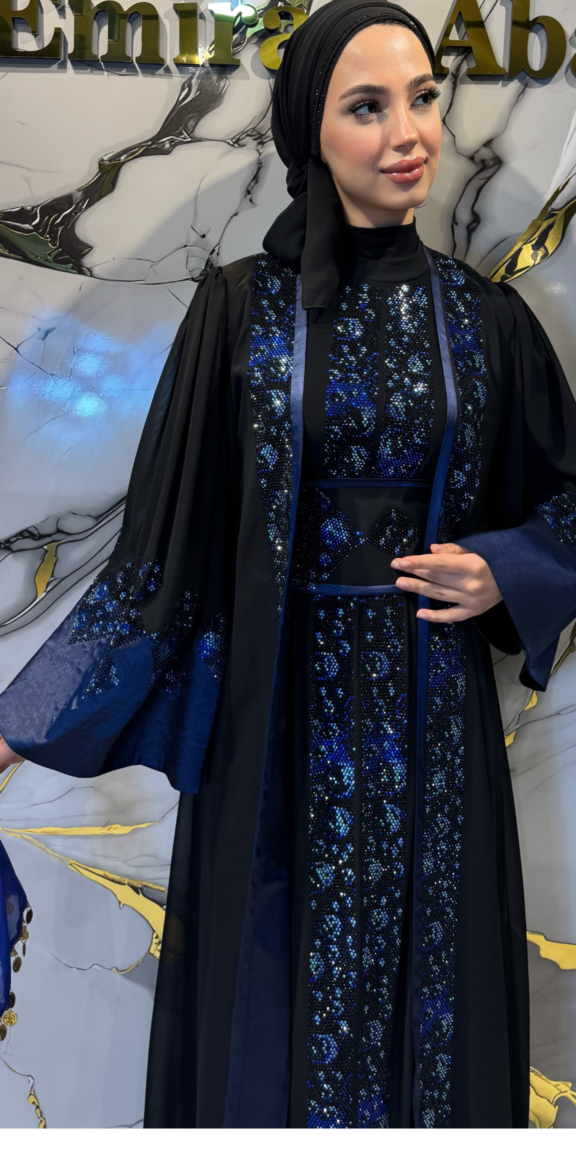 Dubai Style Blue Swarovski Crystal Embellished Traditional Black Korean Chiffon Abaya WS66 MSB - 4-Piece Luxury Set (Includes Shawl, Belt and Undershirt) WS66 MSB