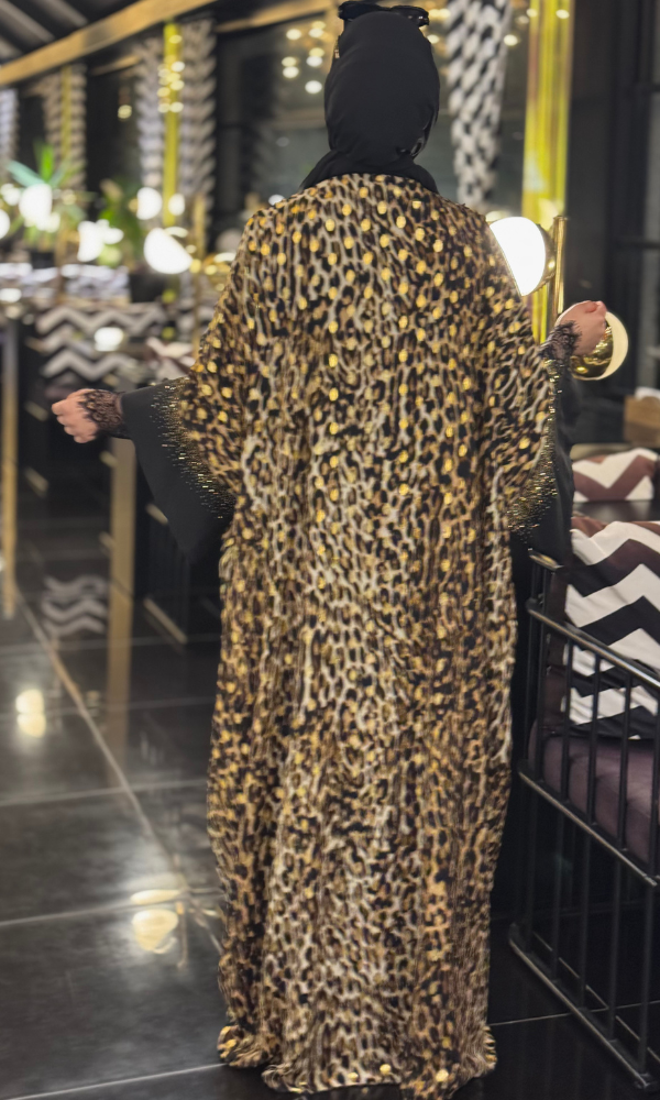 Kolları Gold Taşlı Leopar Kimono Abaya