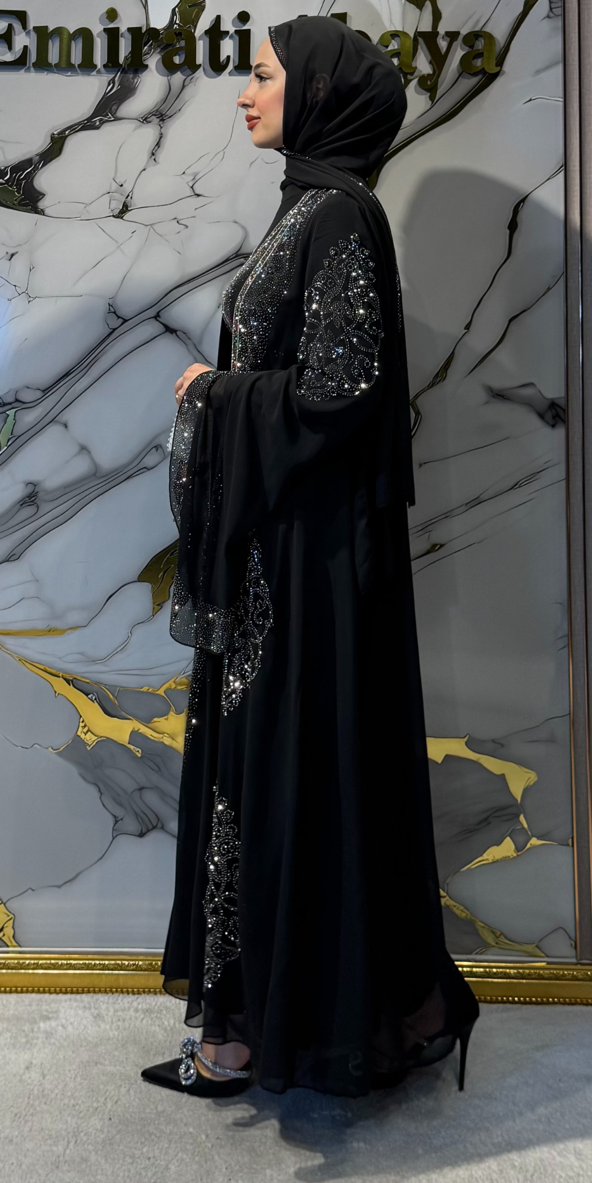 Starlit Noir Hematite Stone Embellished Traditional Abaya | WS57 HSB