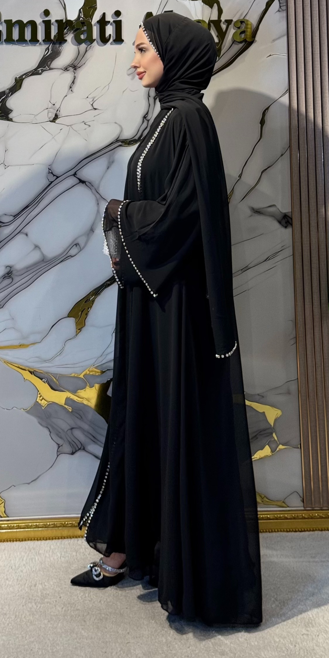 Önü Yırtmaçlı Kristal Taşlı Şifon Abaya - Zarif Lüks Model TM06 C WSB