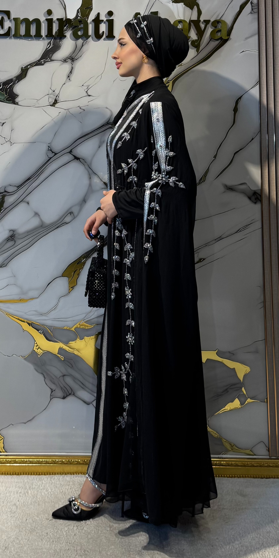 Hand-Embroidered Gold Leaf Detail Long-Sleeved Abaya Set, 4-Piece Set EF001 GSB