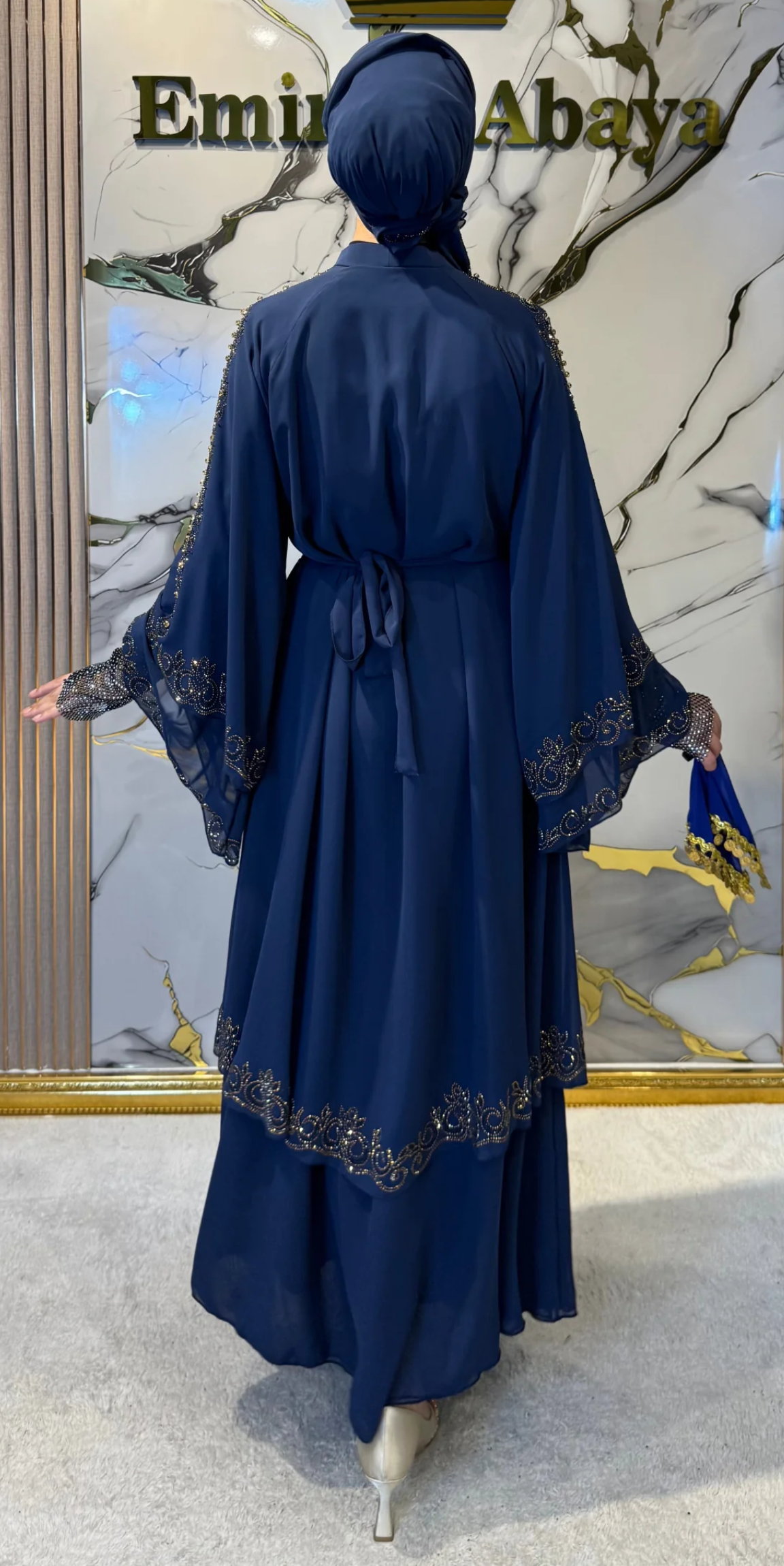Çift Katlı Altın Taşlı Lacivert Şifon Abaya LY14 GSL - Taşlı Kemer ve Şal Dahil