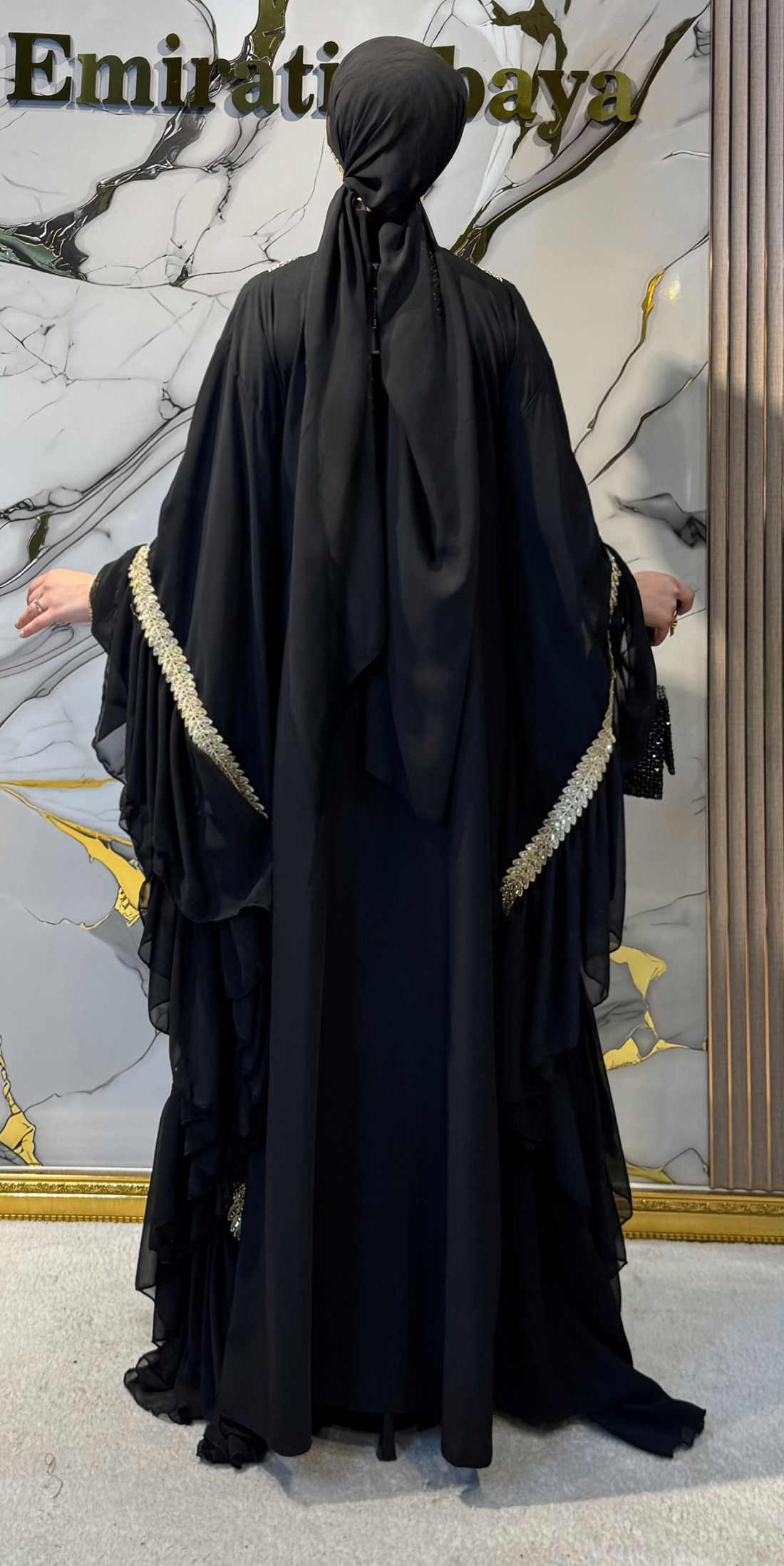 Önü Altın Taş İşlemeli Şifon Abaya - Çıtçıtlı Zarif Model WS04 GSB