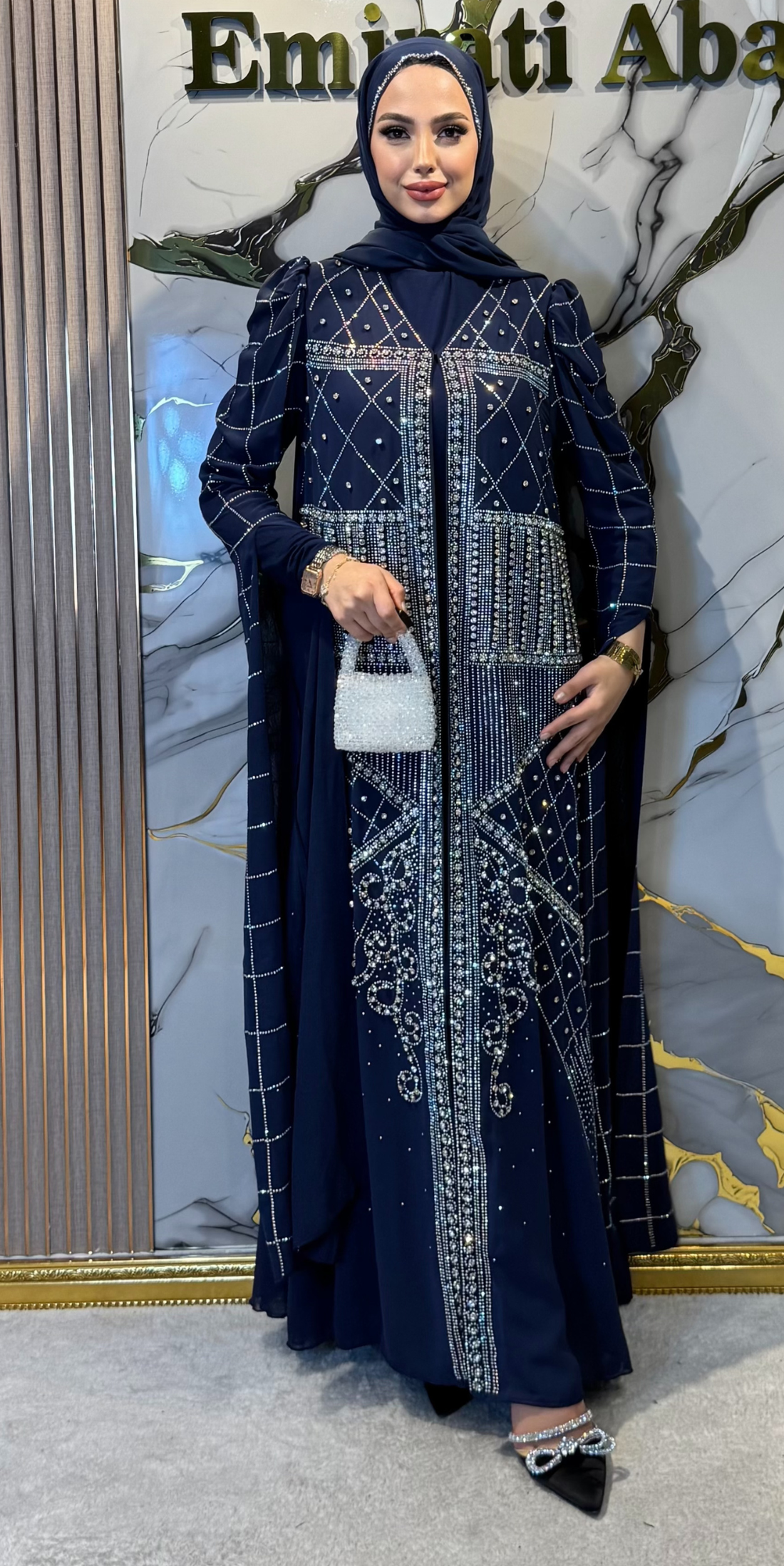 JanJan Taşlı Geometrik Desenli Lacivert Şifon Uzun Kollu Abaya | TM83 JSL