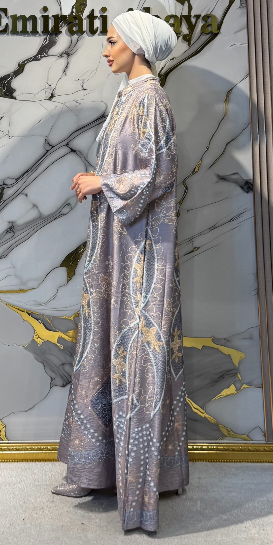 Çiçek Baskılı Kahverengi Jakar Günlük Abaya | KSA06 KAHVE