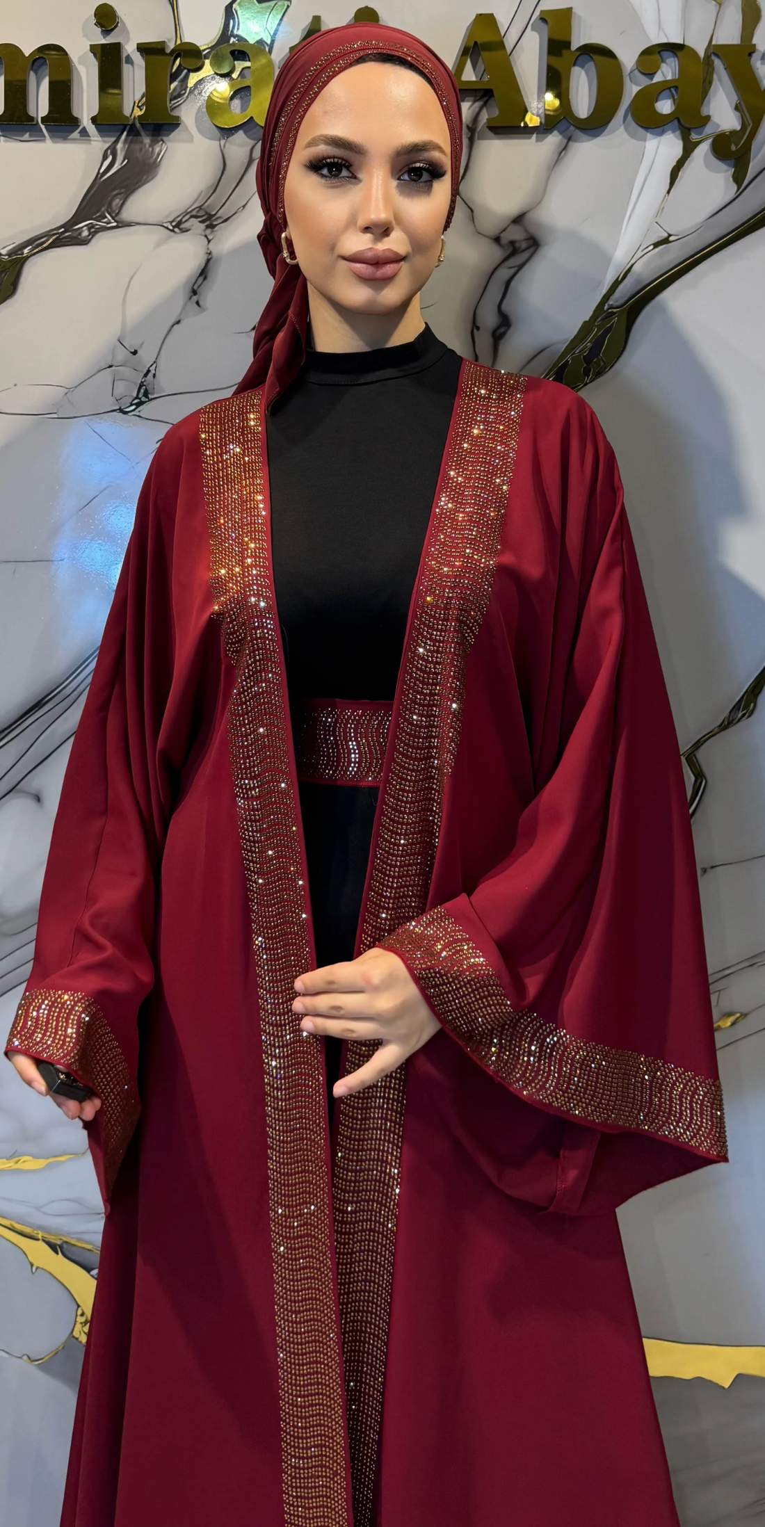 Gold Stone Detail Burgundy Dubai Abaya - 4-Piece Luxury Set (Includes Shawl, Belt and Undergarment) TM47 GS BURGUNDY