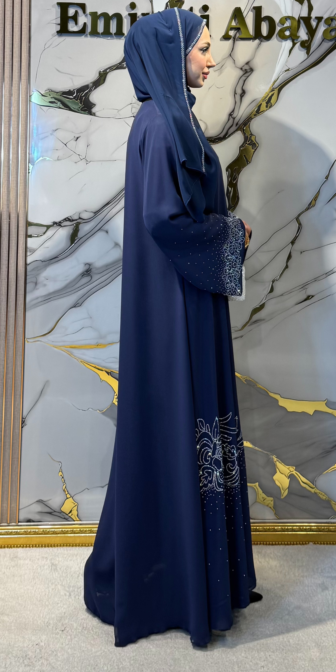 Etek JanJan Taşlı Desenli Lacivert Abaya | Şal Dahil | TM071 JS MAVI