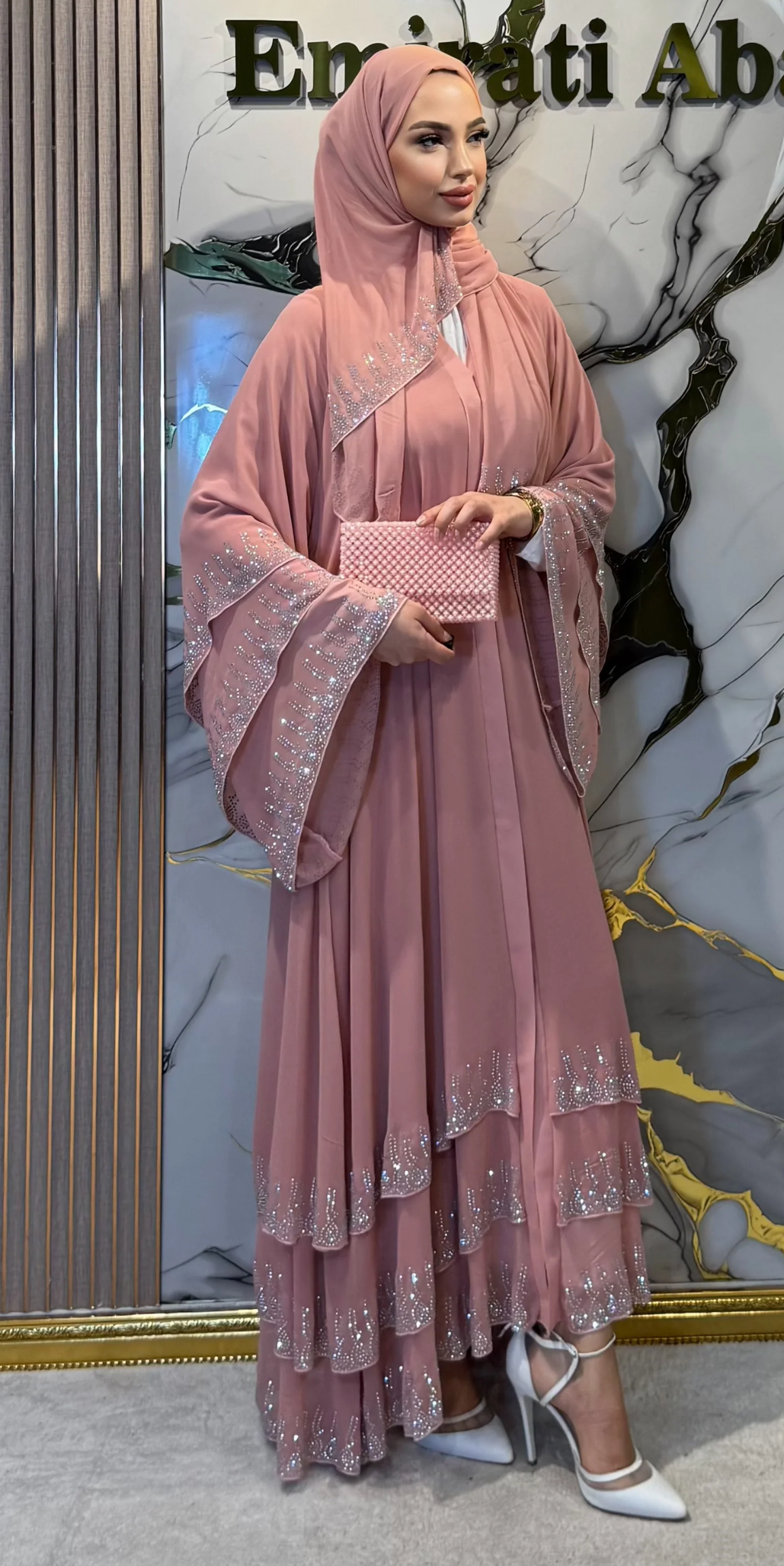 Three-Layer JanJan Embellished Pink Chiffon Set | M7 JSP