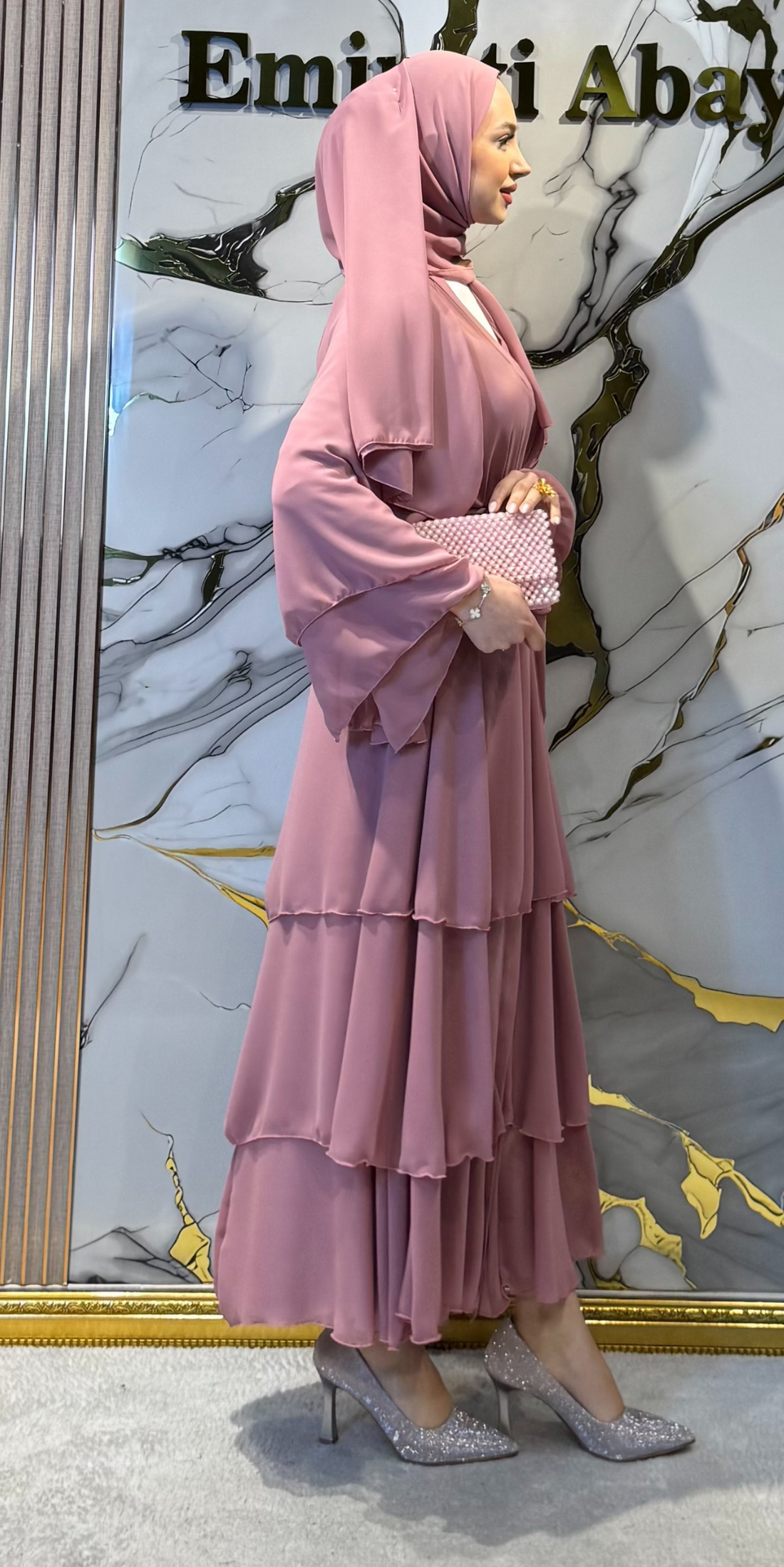 Three-Layer Pink Chiffon Abaya RK011 D PINK - Everyday Model Including Buttoned Shawl and Belt