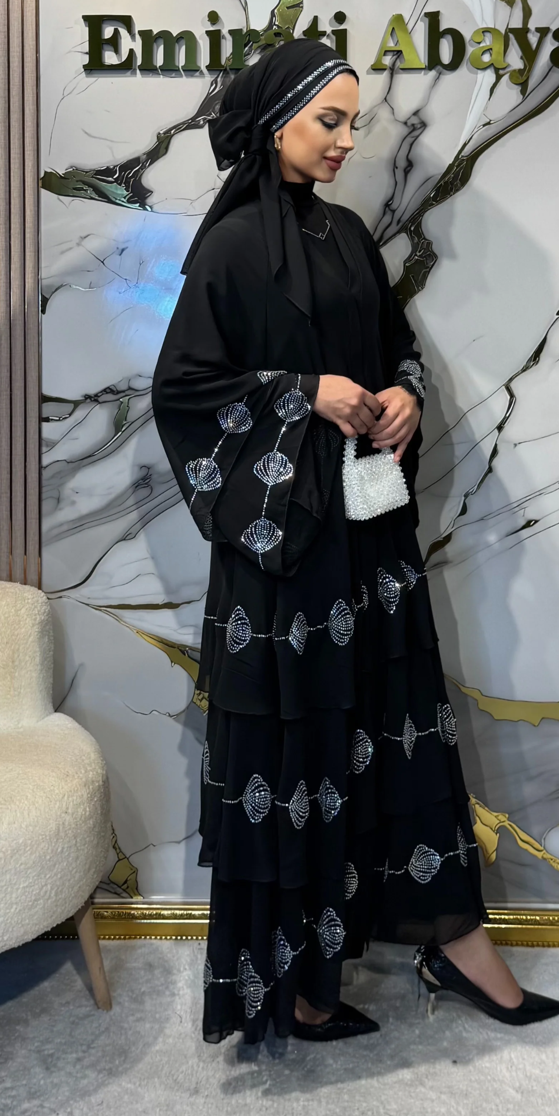 Three-Layer Chiffon Black Abaya with White Floral Hem and Button Front Closure | TM33 WSB