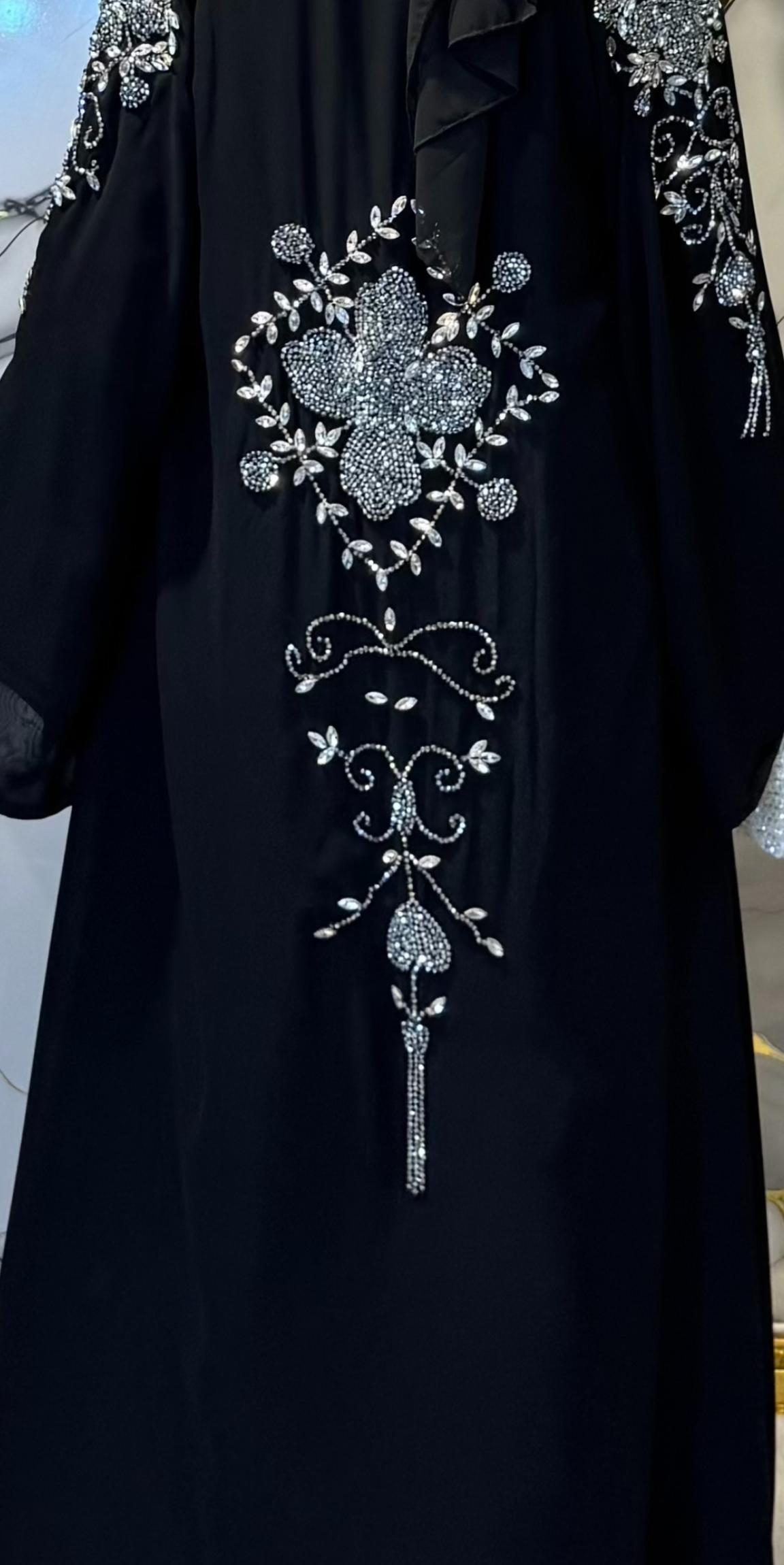 El İşçiliği Swarovski Taşlı Siyah Kore Şifon Dubai Tasarım Abaya | EF006 WSB