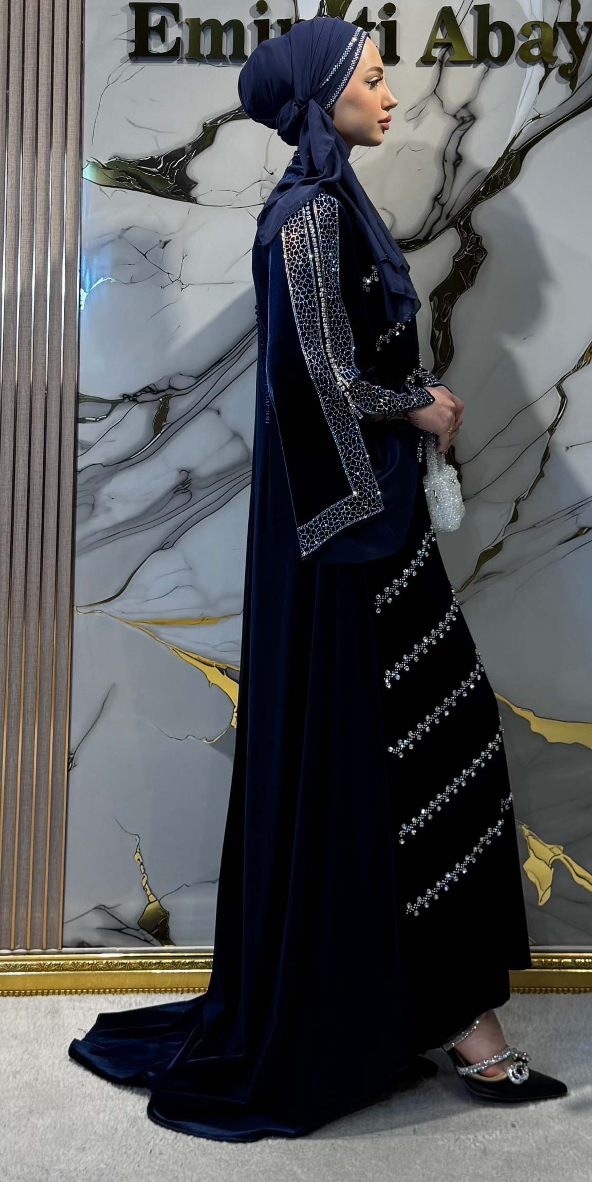 Blue Evening Dress with Swarovski Crystal Embellished Sleeves, Slit Back, and Train - Elegant Luxury Model WS15 JSVL