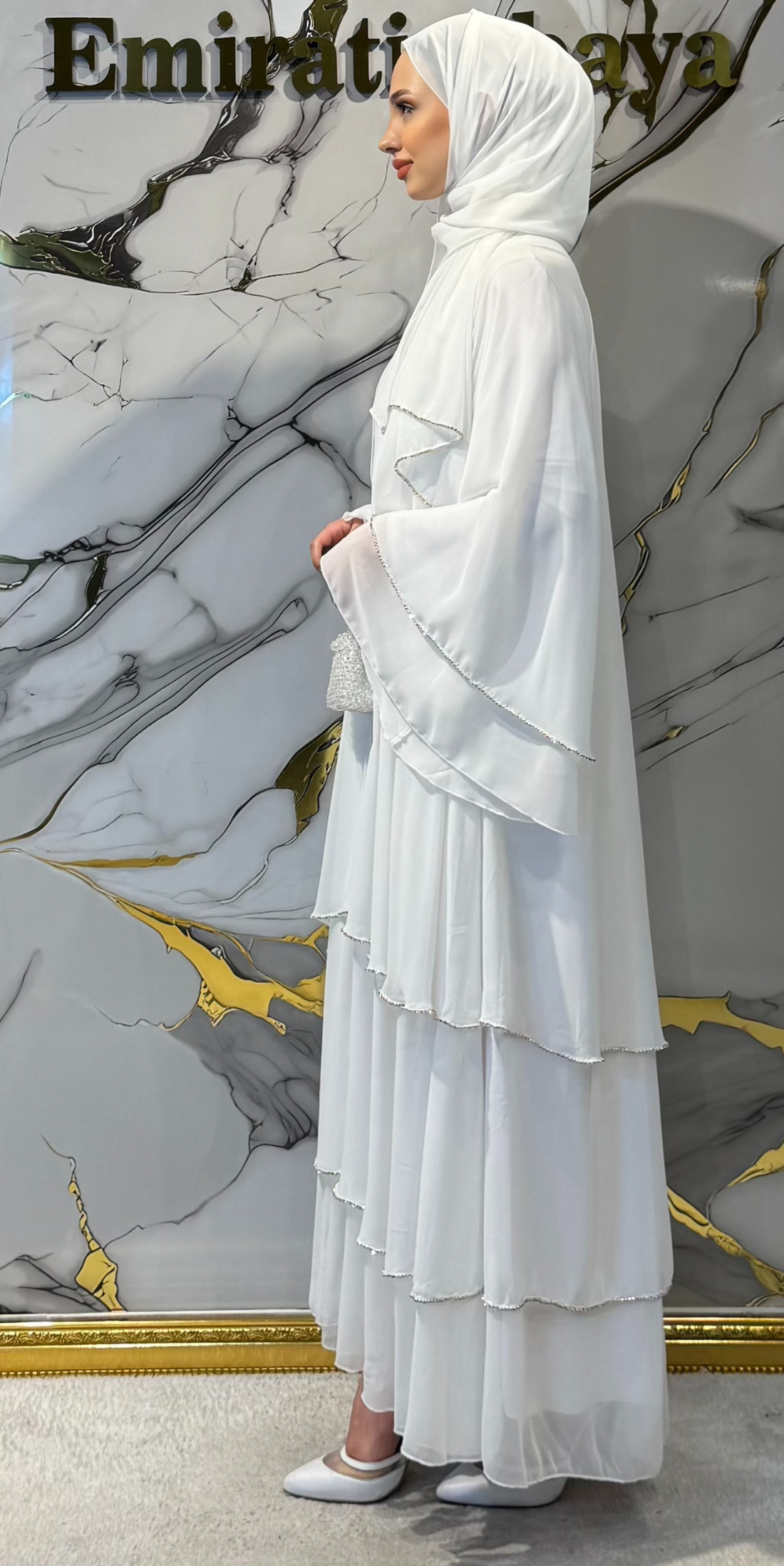 Beyaz Taşlı 3 Katlı Beyaz Şifon Abaya – Kemeri Şallı Takım