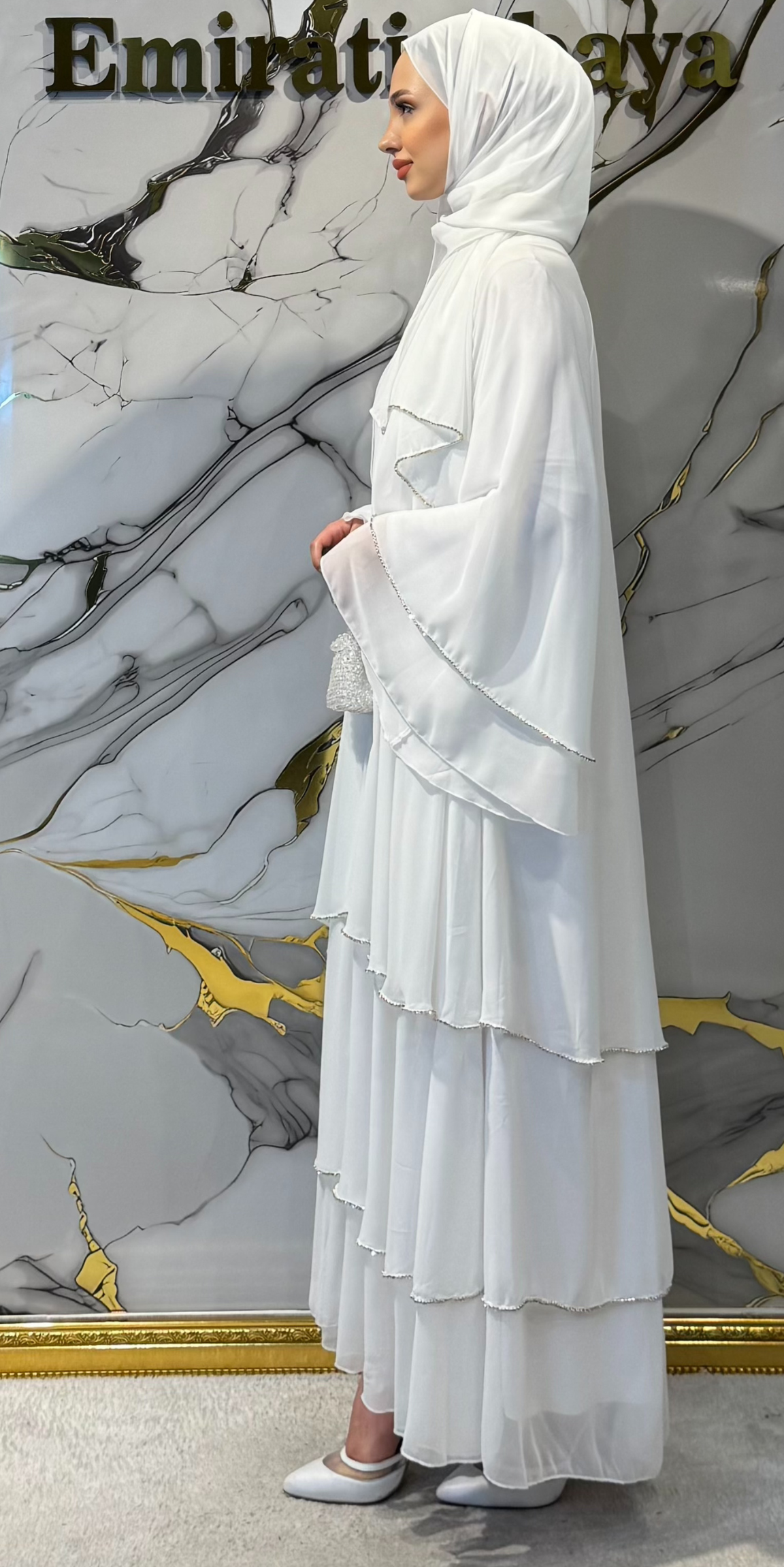 Three-Layer White Chiffon Abaya RK011 WHITE - Elegant Model Including Snap Fastener Shawl and Belt