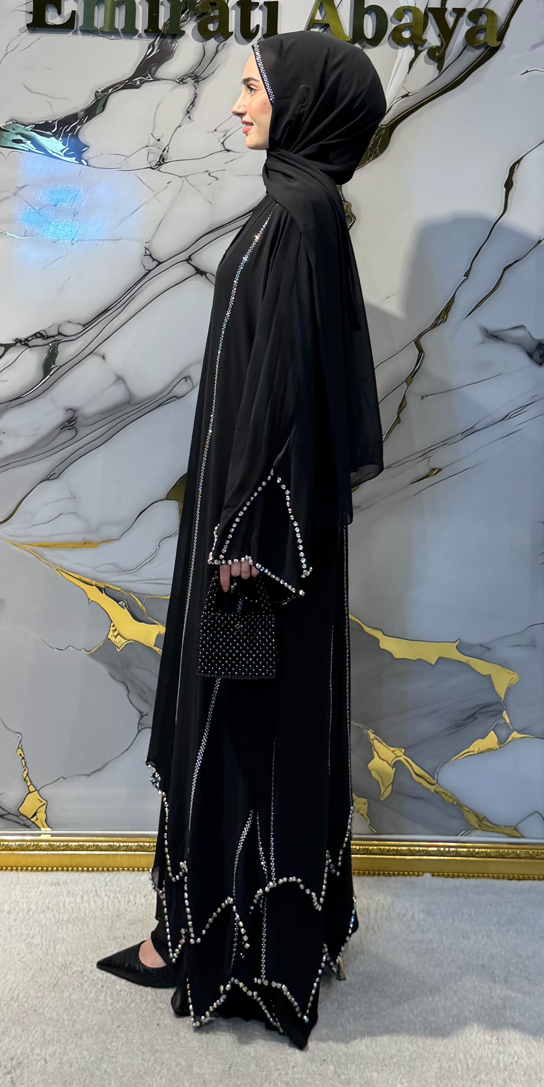 Kristal Taşlı Siyah Zikzak Şifon Abaya - Swarovski Gümüş Şeritli Model TM24 CWSB