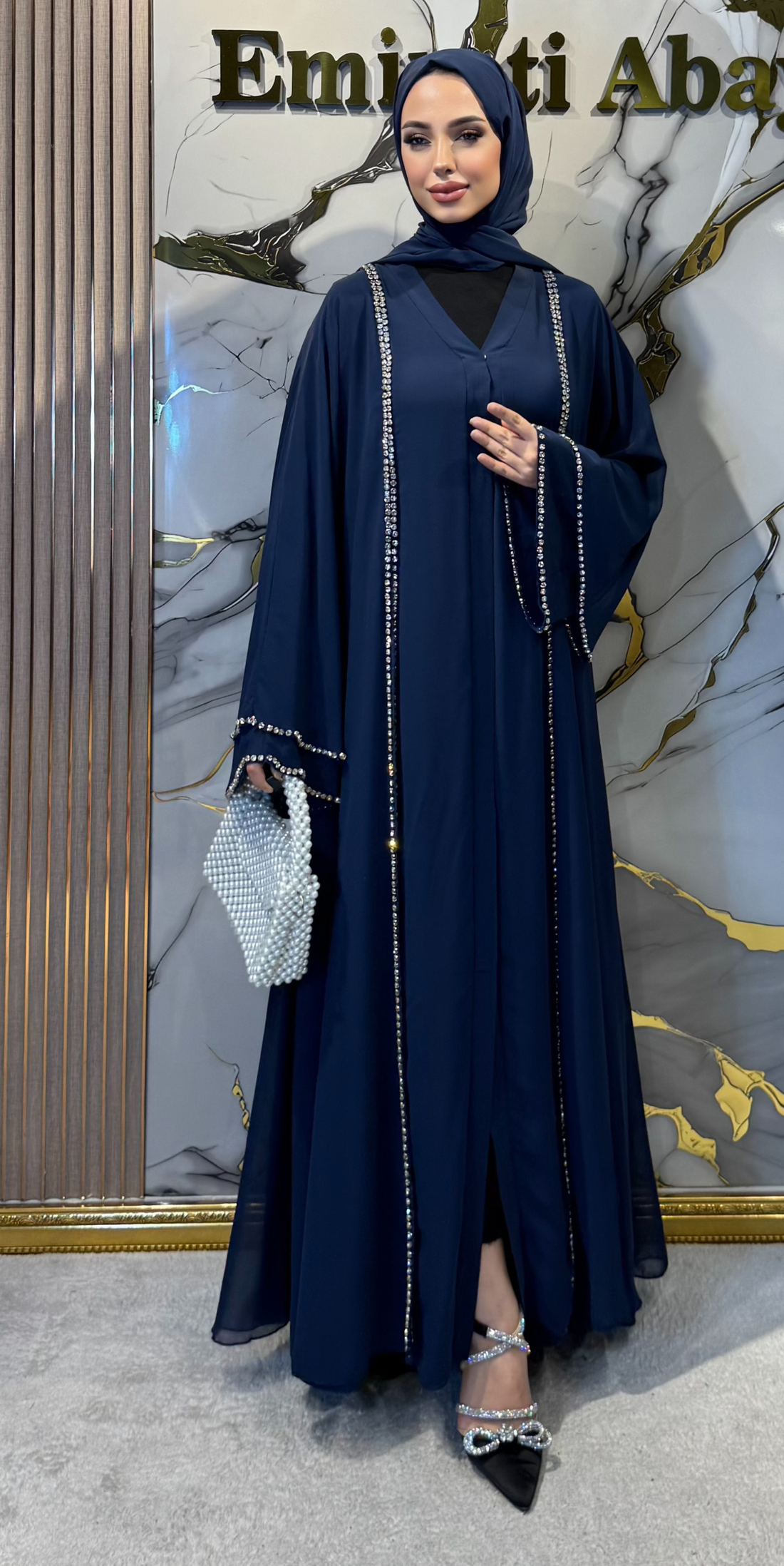 Önü Yırtmaçlı Kristal Taşlı Şifon Mavi Abaya - Zarif Lüks Model TM06 C WSL