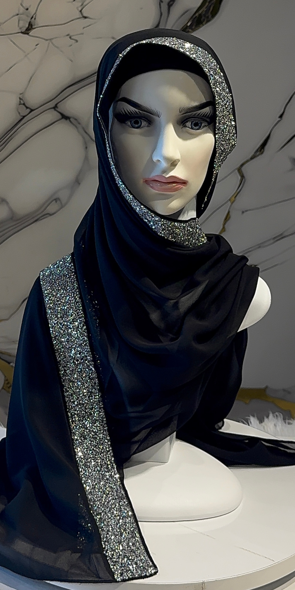 Ön Kristal Taşlı Şifon Şal 180x75cm - Zarif Kenar Detaylı Model
