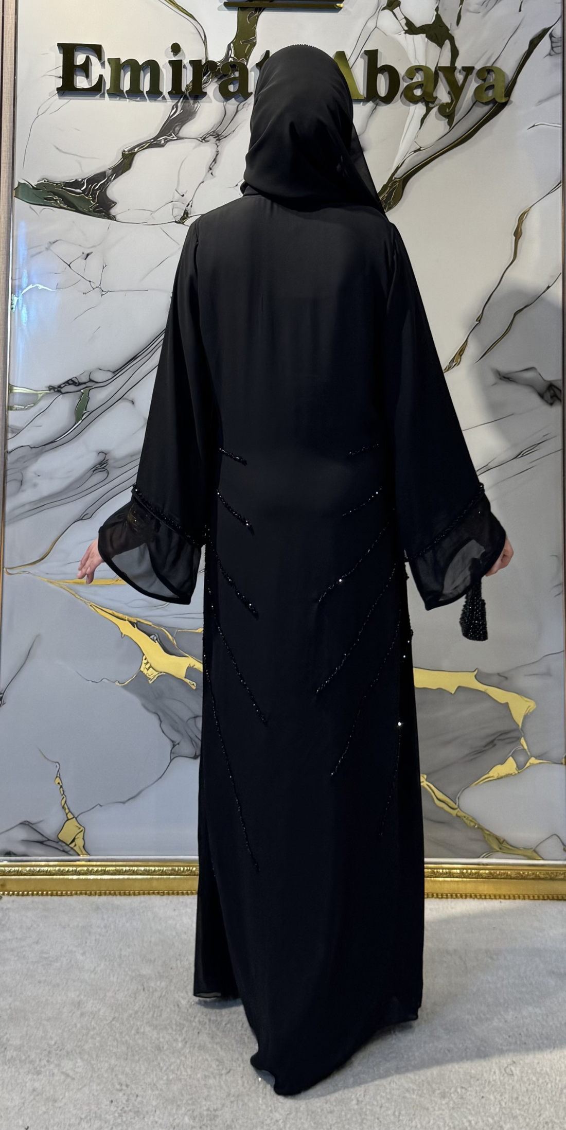 El İşlemesi Siyah Taşlı Siyah Şifon Abaya M91 BSB - Zarif El İşçiliği Model