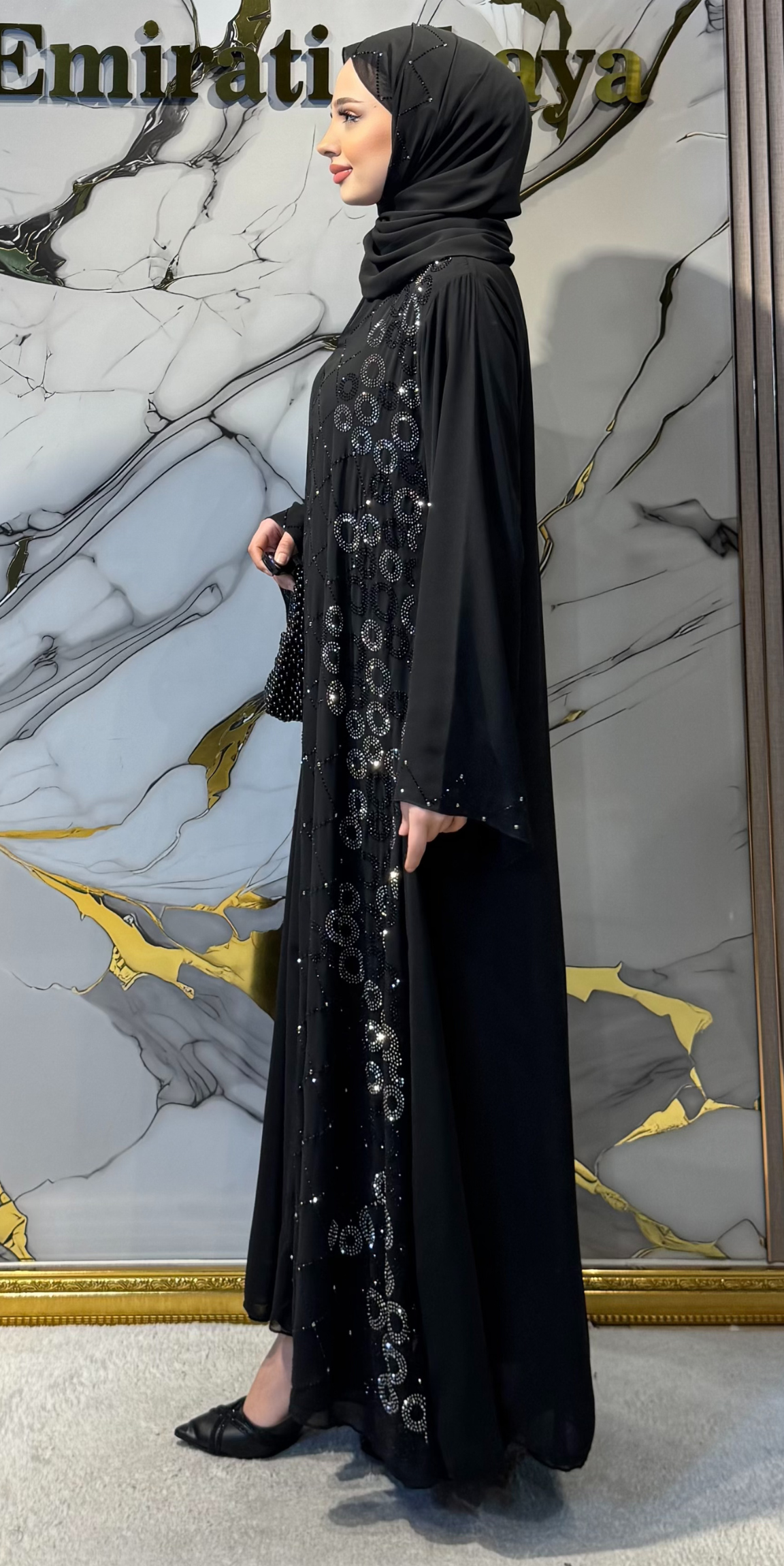 Hematite Stone Patterned Black Elegant Abaya - Refined Modern Model TM051 HSB