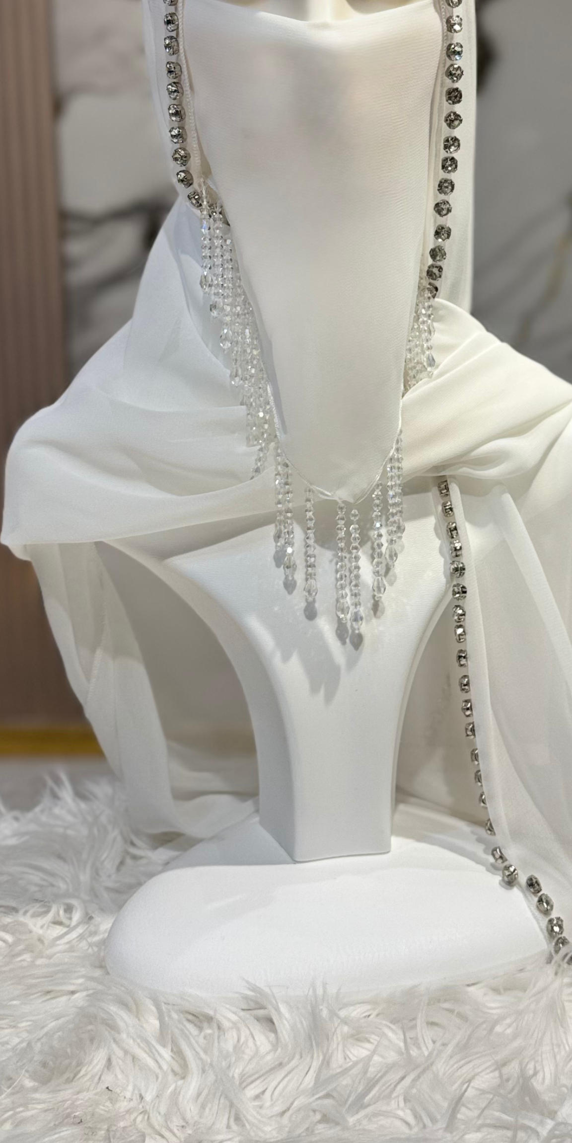 Luxury White Long Korean Chiffon Veil with Crystal Embellishments 
