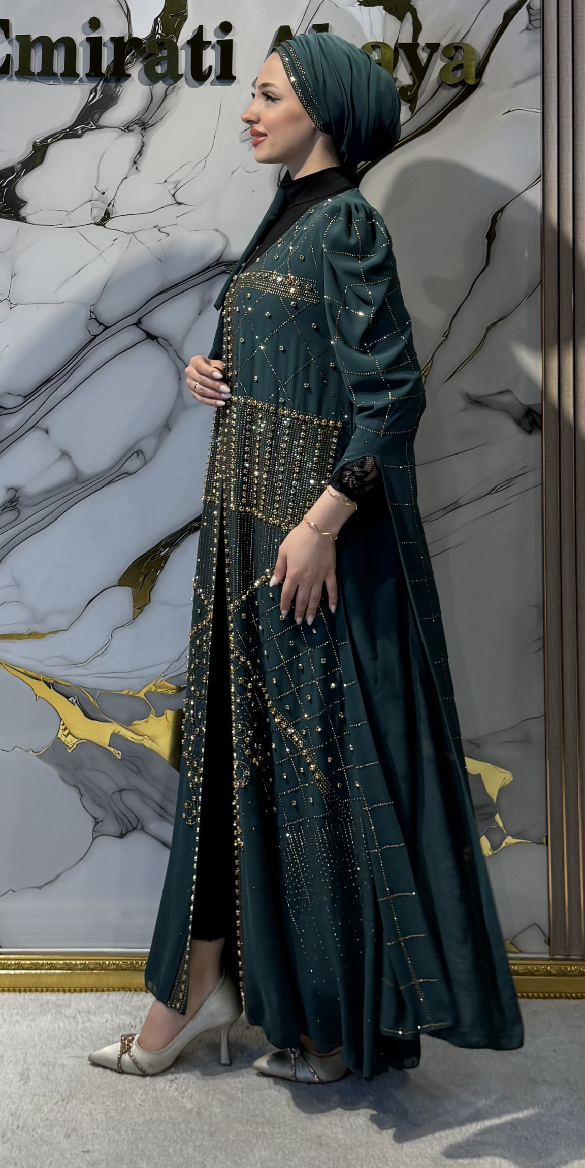 Gold Taşlı Geometrik Desenli Yeşil Şifon Abaya Şal Dahil | TM83 GSG