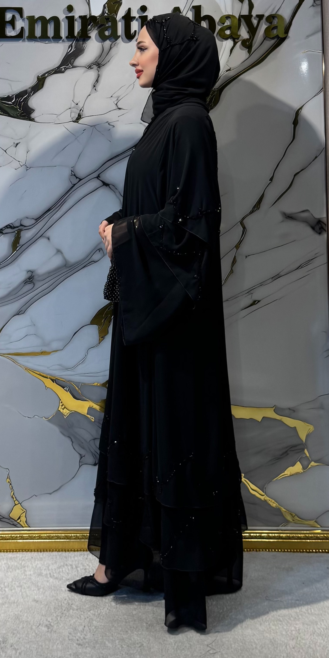 El İşlemesi Siyah Taşlı Premium Şifon Abaya M1 BSB - Lüks Gece Abayası