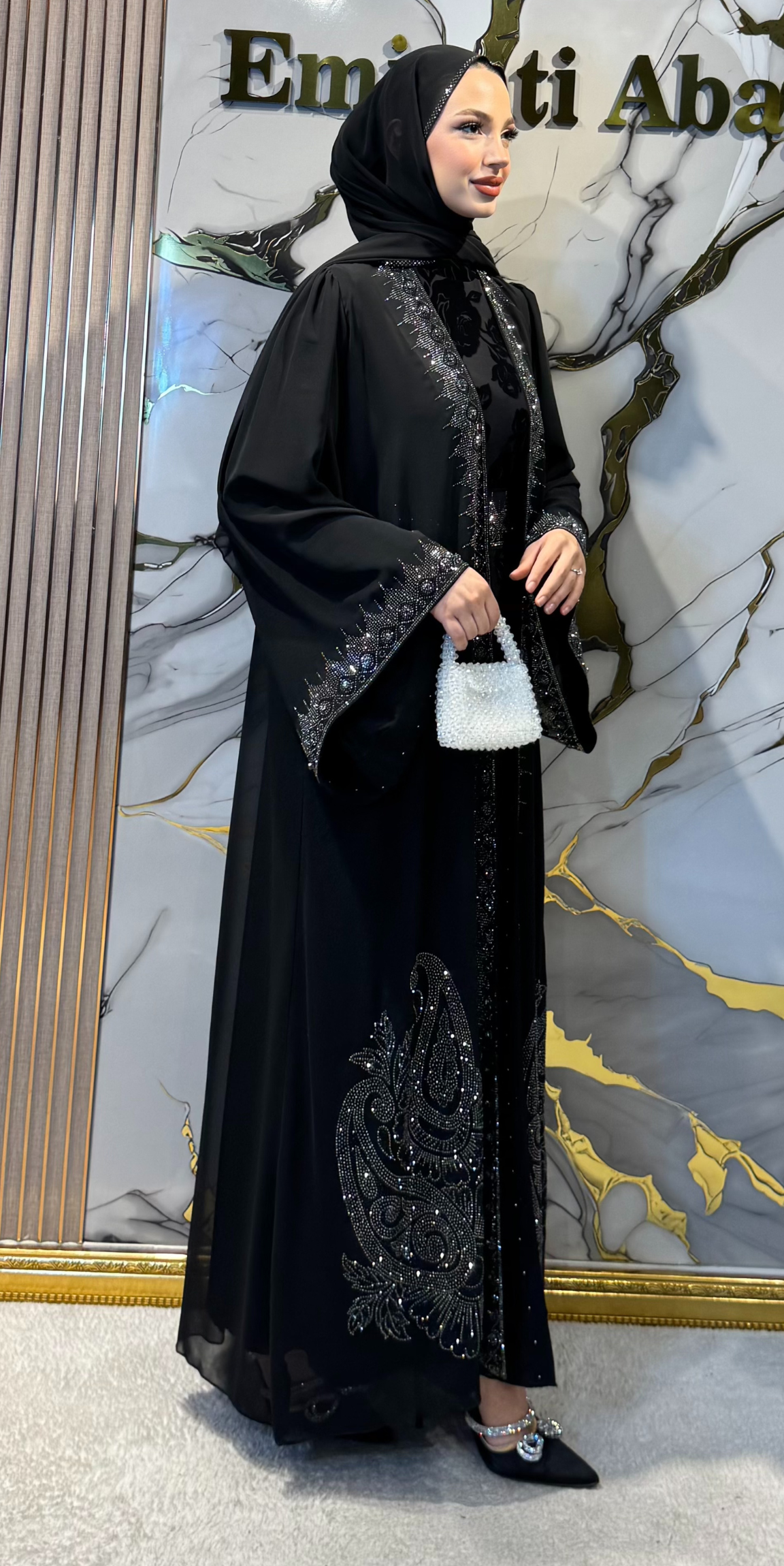 Black Traditional Suit with Hematite Stone and Flock Print | LY43 HSB