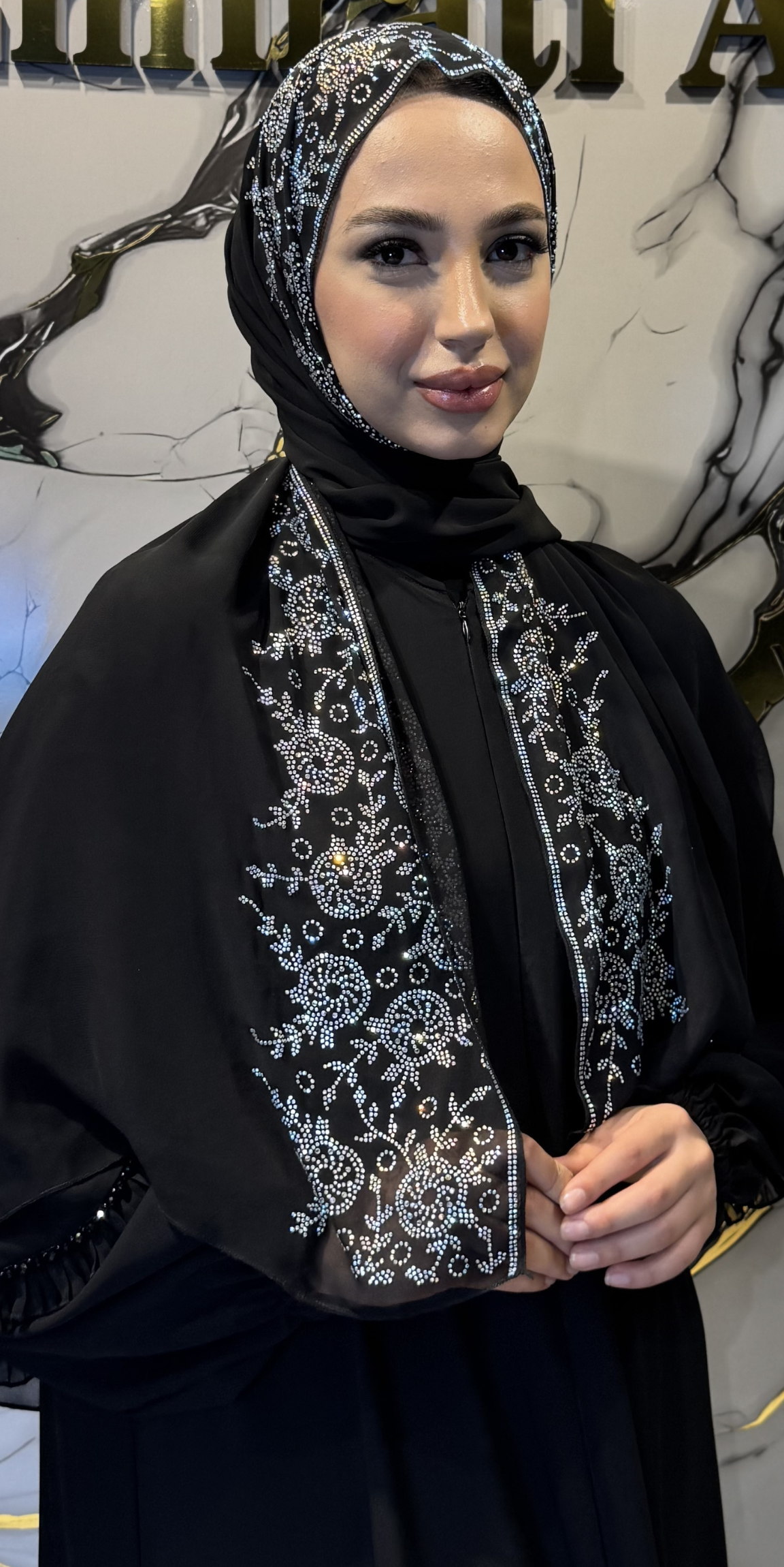 Shimmering and Elegant Chiffon Shawl with White Stone Embellishments on the Edges