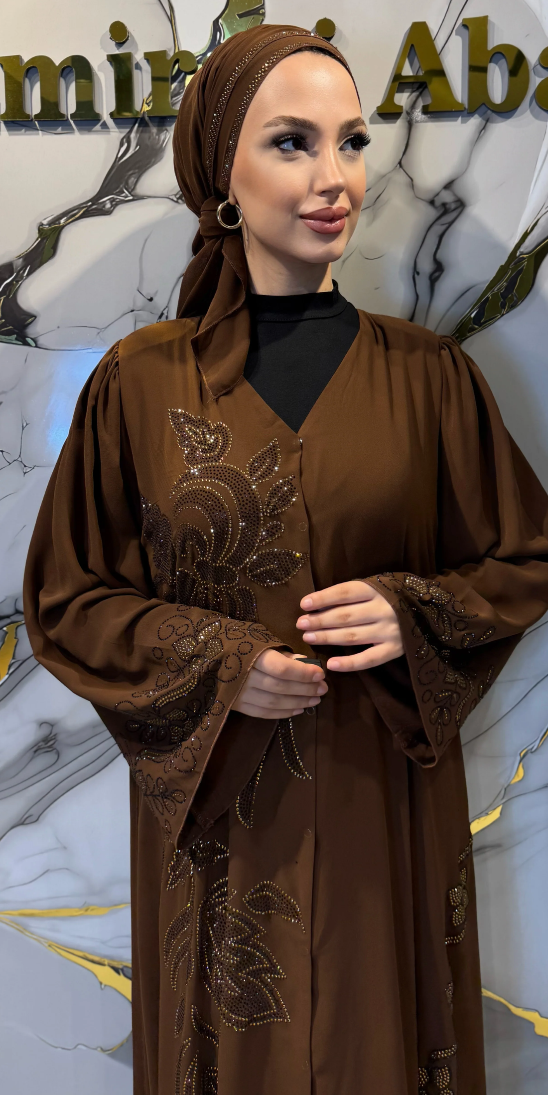 Brown Chiffon Abaya with Gold Stone Embellished Floral Pattern and Button Front Closure | TM70 GS BROWN