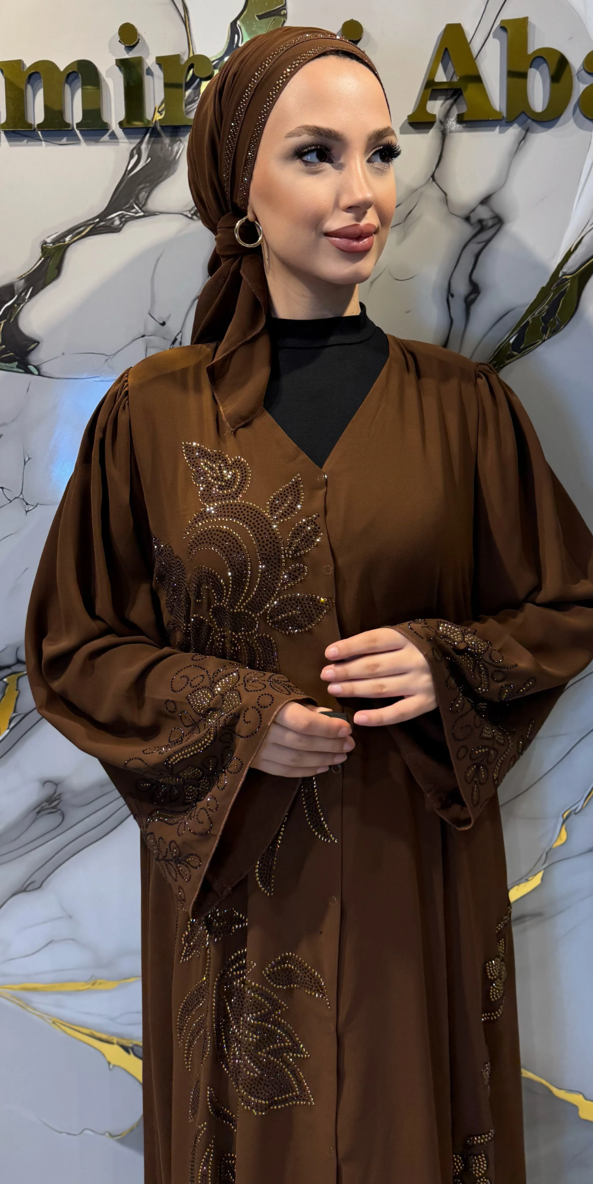 Brown Chiffon Abaya with Gold Stone Embellished Floral Pattern and Button Front Closure | TM70 GS BROWN