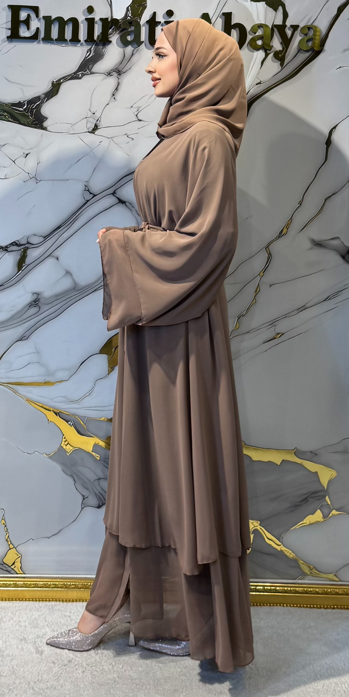 Mink Chiffon Abaya RK009 MINK - Everyday Model Including Buttoned Shawl and Belt