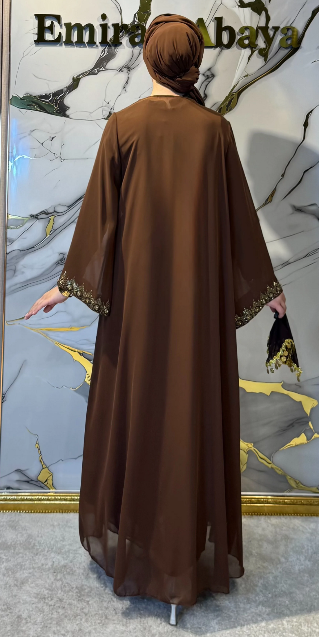 Gold Flower Embellished Brown Traditional Abaya Set - 4-Piece Luxury Set (Includes Shawl, Belt and Flocked Undershirt) LY35 GSK