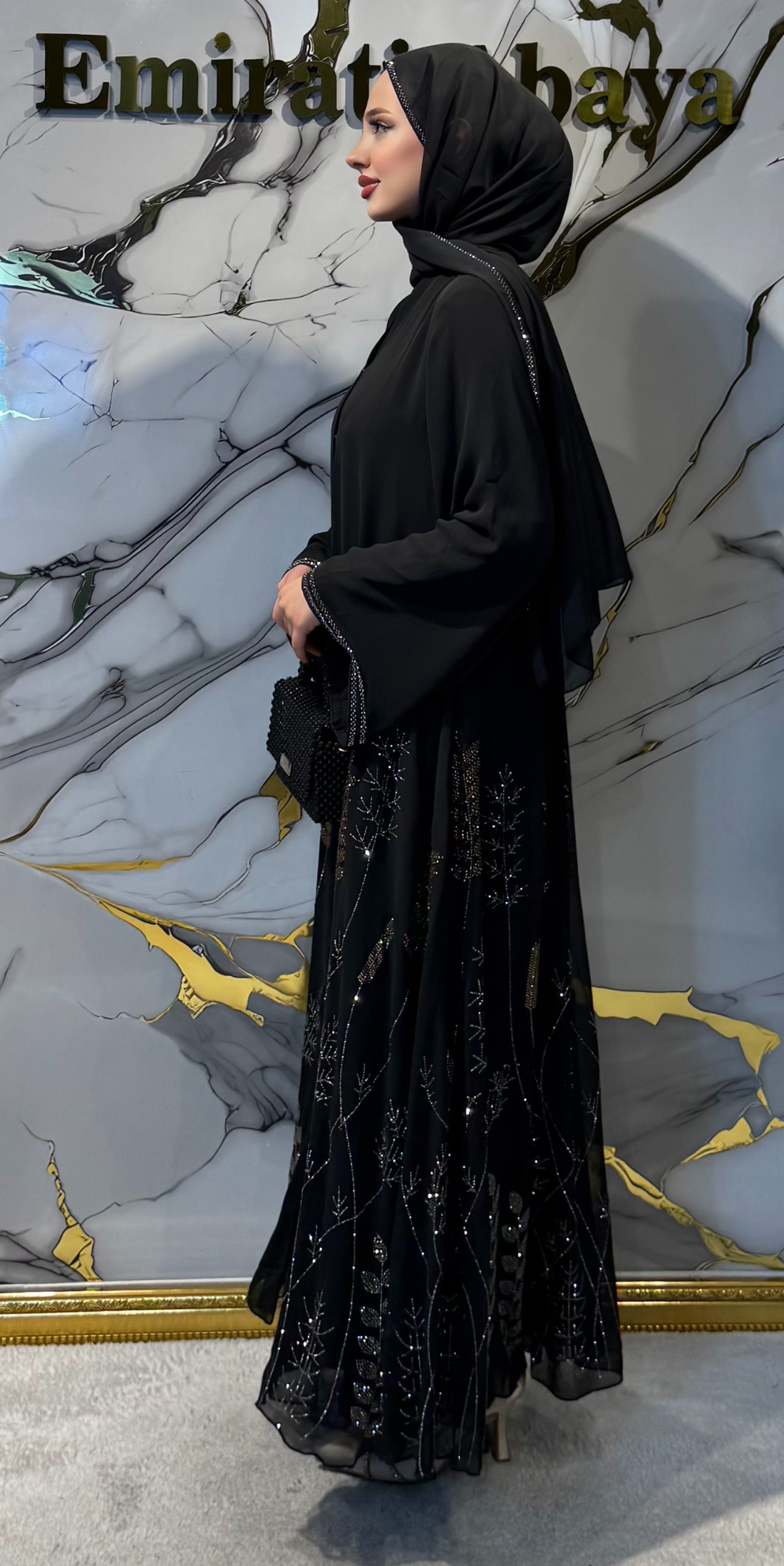Etekleri Çiçekli Taşlı Şifon Abaya TM094 HSSB