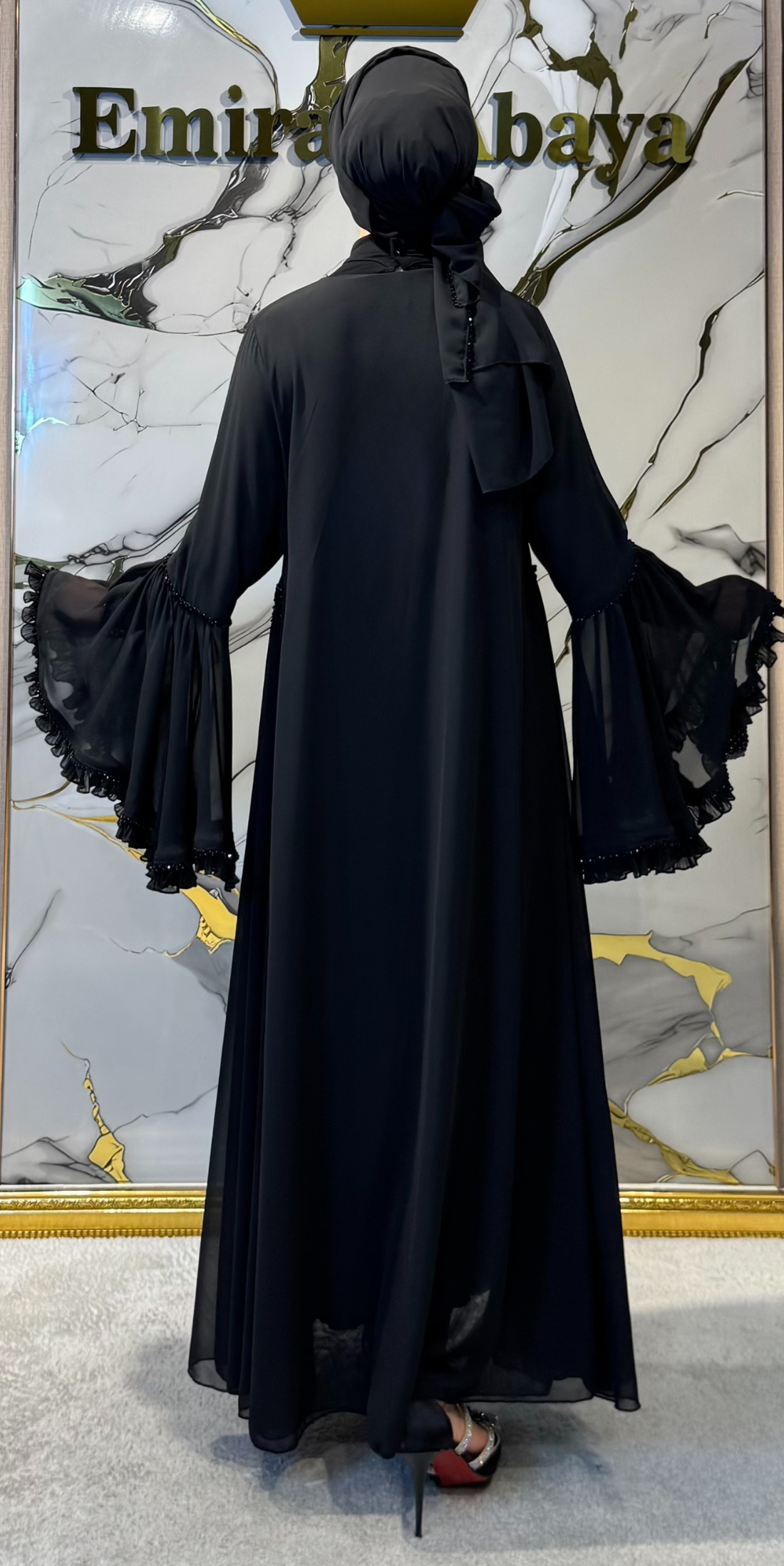 Black Chiffon Set with Stone Embellishing and Bell Sleeve Detail | WS96 BSB