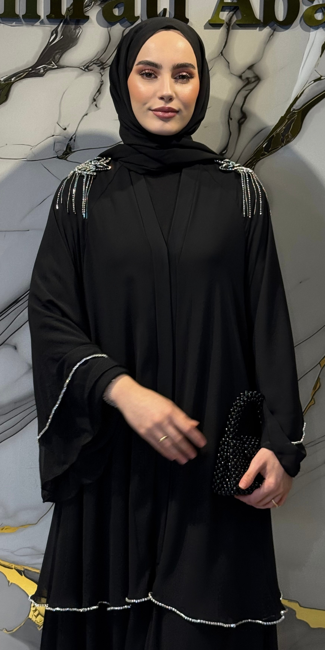 Three-Layer Abaya with Shoulder Stone Detail RK011 Stone Black - Includes Snap Fastener Shawl and Belt