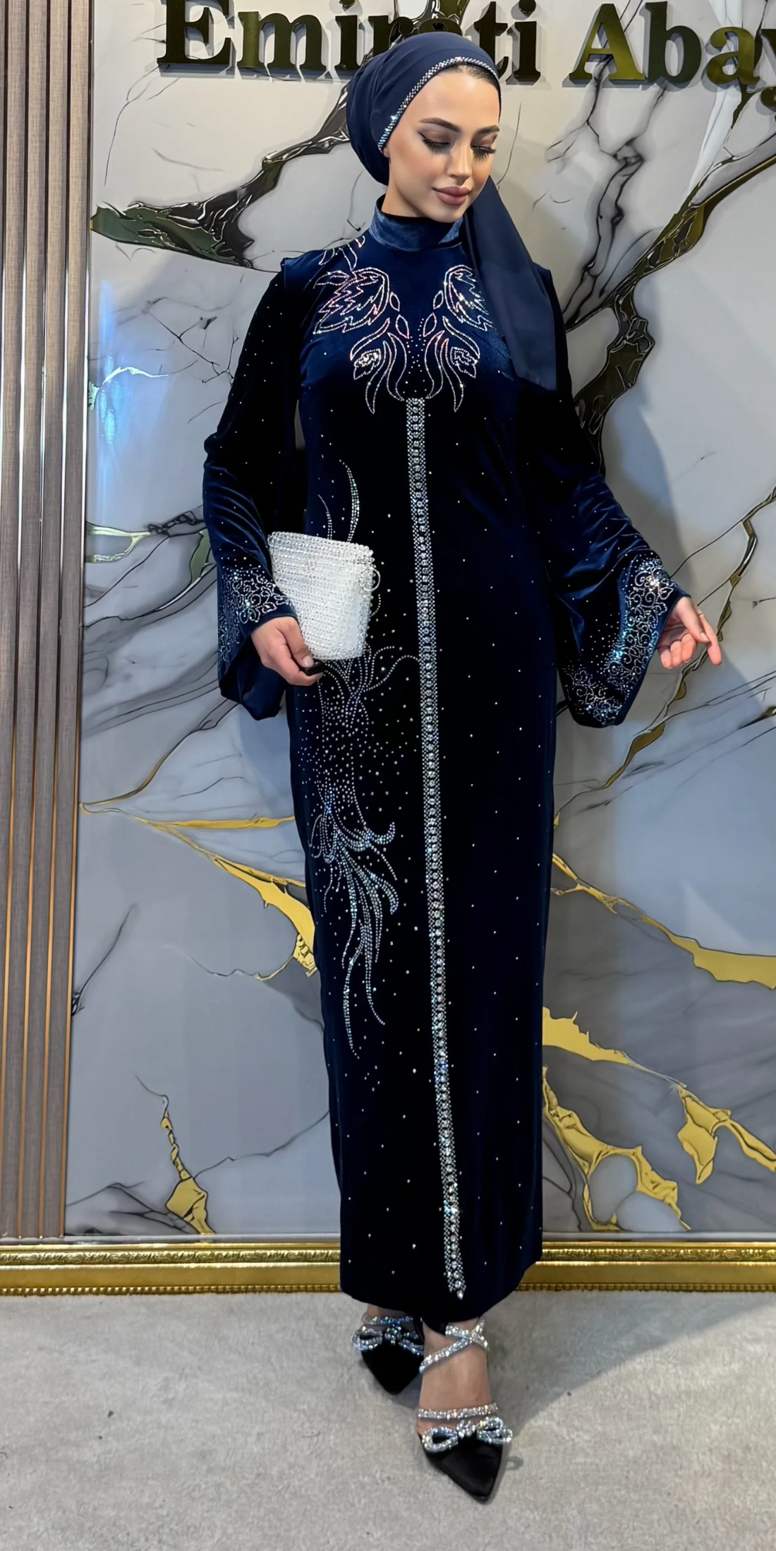 Lacivert Kadife Janjan Taşlı Royal Abaya – Gösterişli Kemer Detaylı | LY30 JSVL